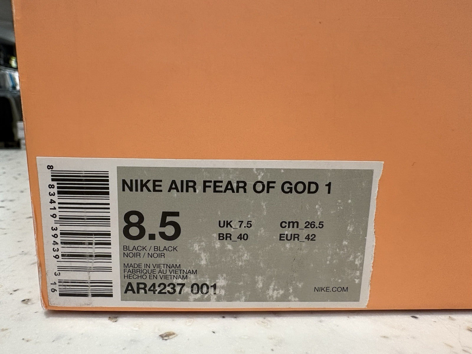 Nike Air Fear Of God 1 Black Size 8.5 DEFECT