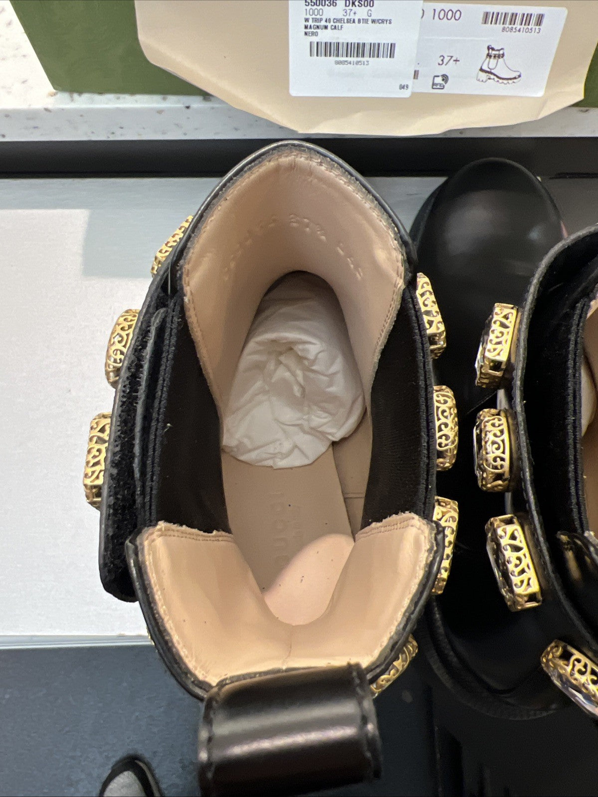 Gucci Trip Jewel Strap Leather Ankle Boots Black Gold Womens Sz 37.5(7.5W) USED