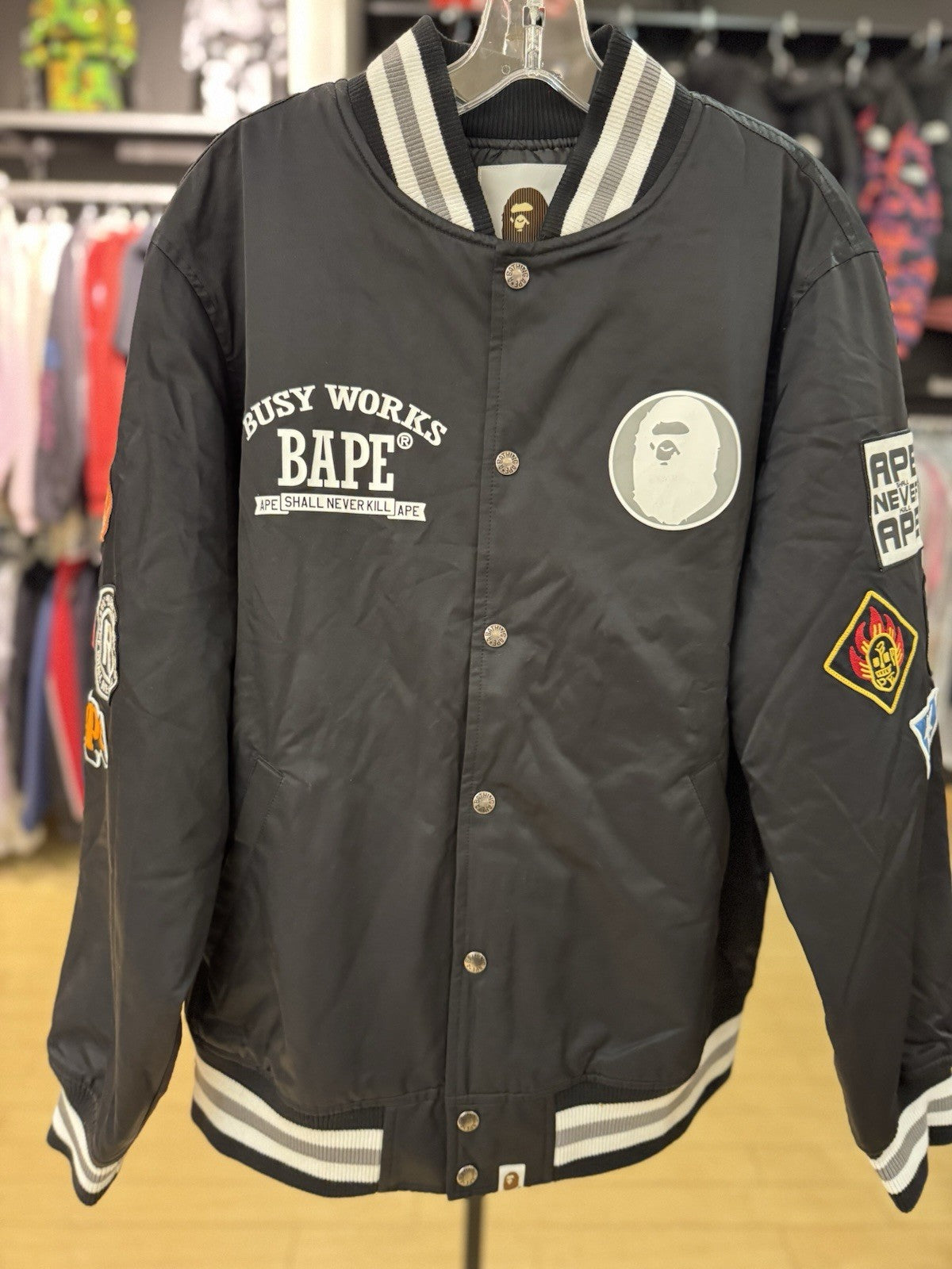 Bape Archive Patch Puffer Nylon Varsity Jacket Black Size 2XL