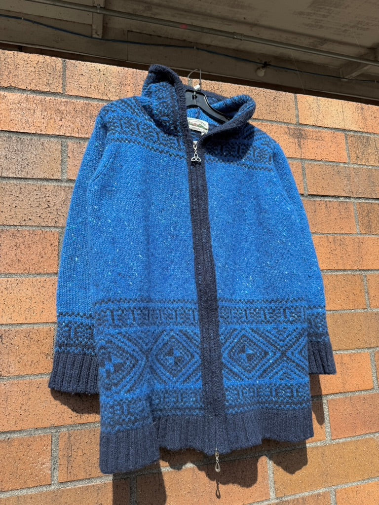 90s Aran Crafts Ireland Blue Hooded Wool Sweater Size XL
