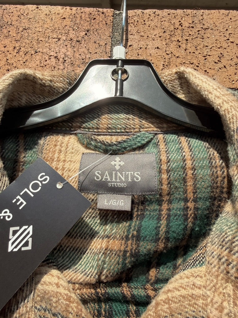 Saints Studio Tan / Green Plaid Flannel Size L