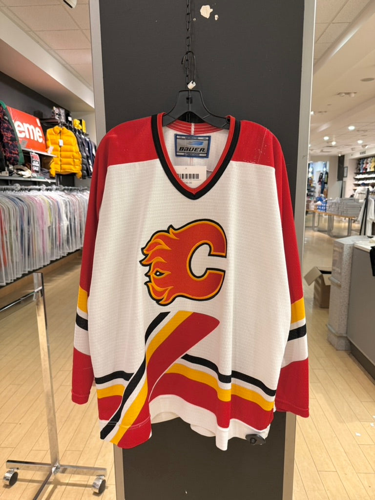 90s Calgary Flames Bauer Pedestal White Hockey Jersey Sz L