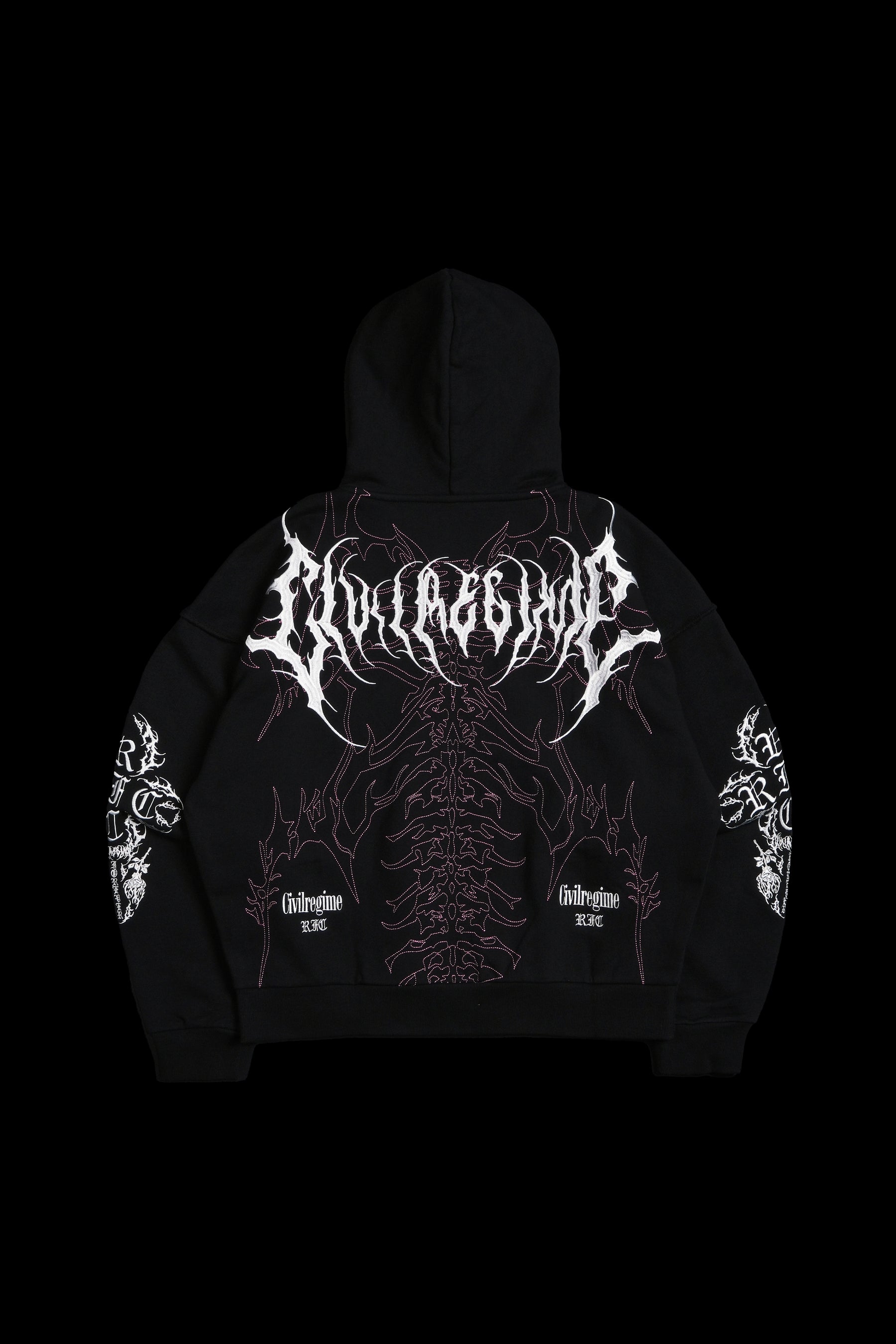 Civil Regime Surging Through The Blossoms Outliers Distressed Zip Up Hoodie Black / Pink Sz M