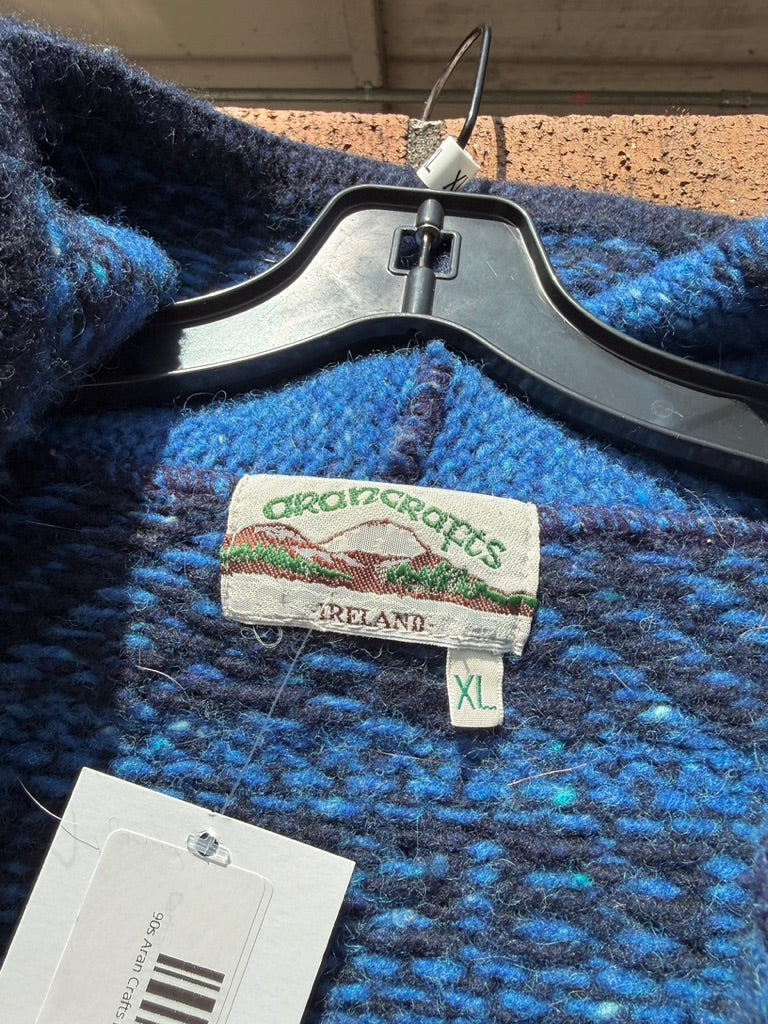 90s Aran Crafts Ireland Blue Hooded Wool Sweater Size XL