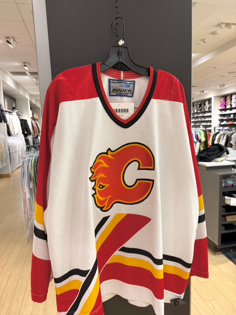 90s Calgary Flames Bauer Pedestal White Hockey Jersey Sz L