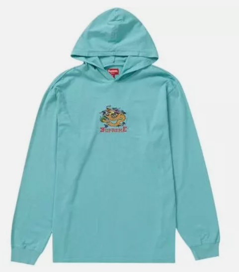 Supreme Dragon Hooded L/S Top Dusty Aqua Sz Large