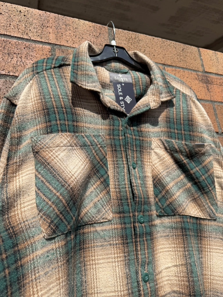 Saints Studio Tan / Green Plaid Flannel Size L