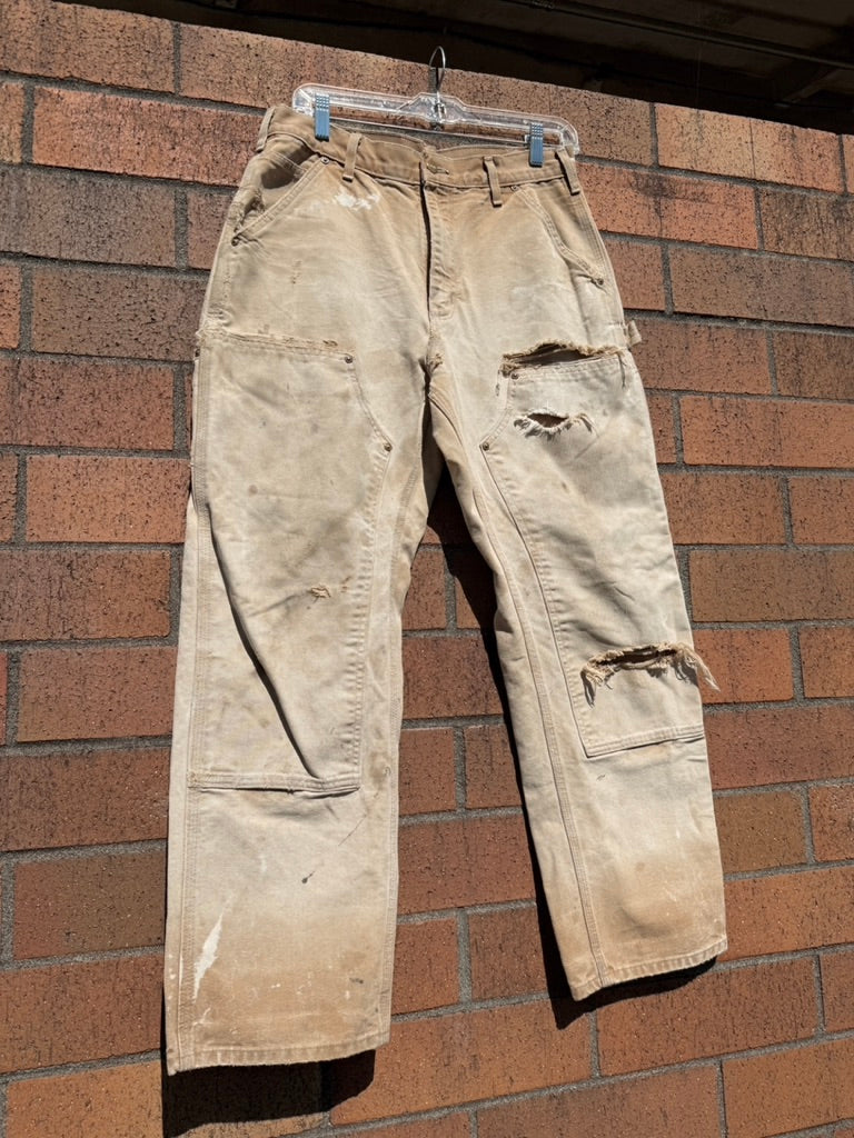 Y2K Carhartt Thrashed + Repaired Tan Double Knees Size 30x28