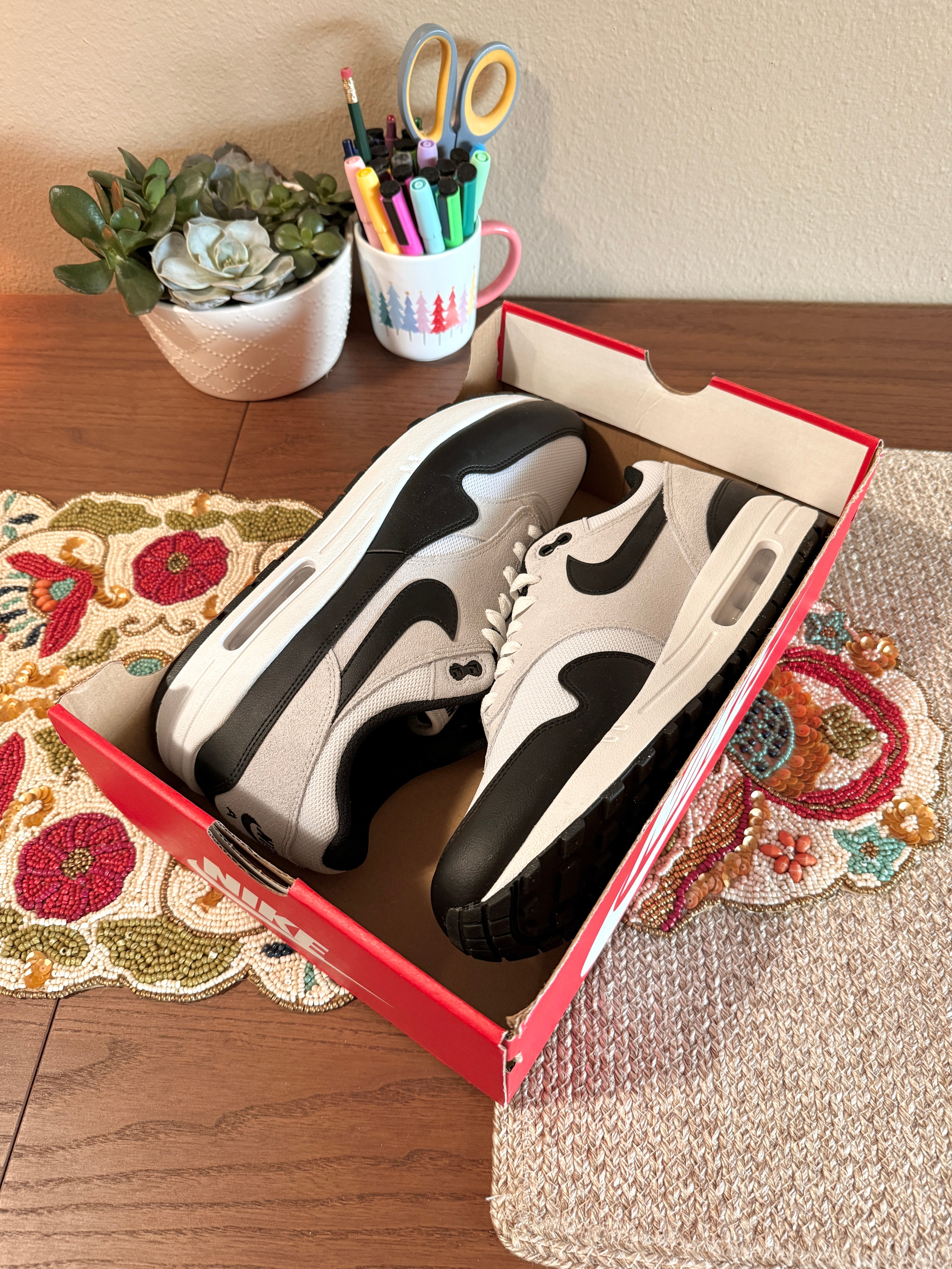 Nike Air Max 1 Essential White Pure Platinum Black Size 11.5 MISSING LID