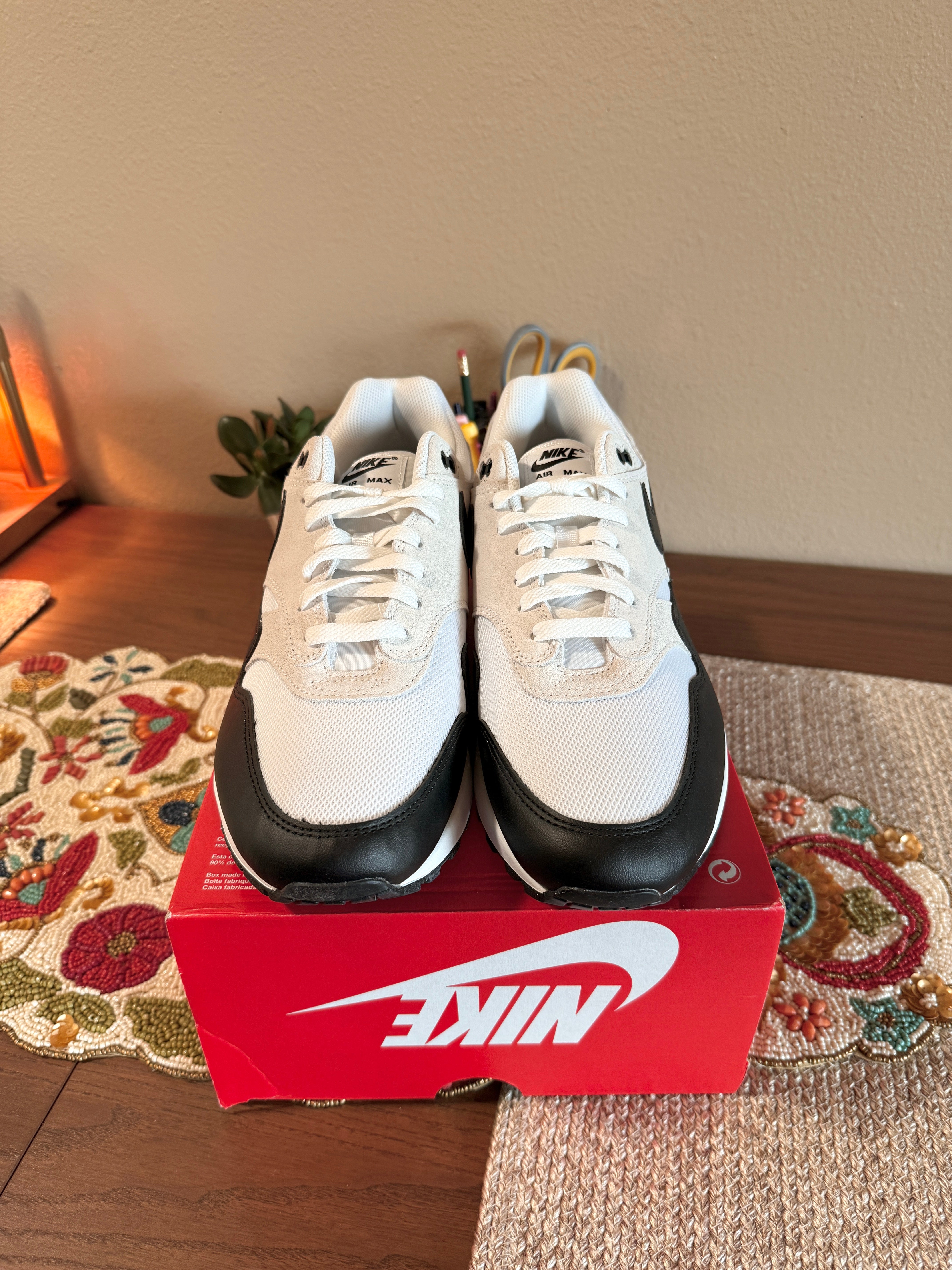 Nike Air Max 1 Essential Summit White Black Size 12 MISSING LID