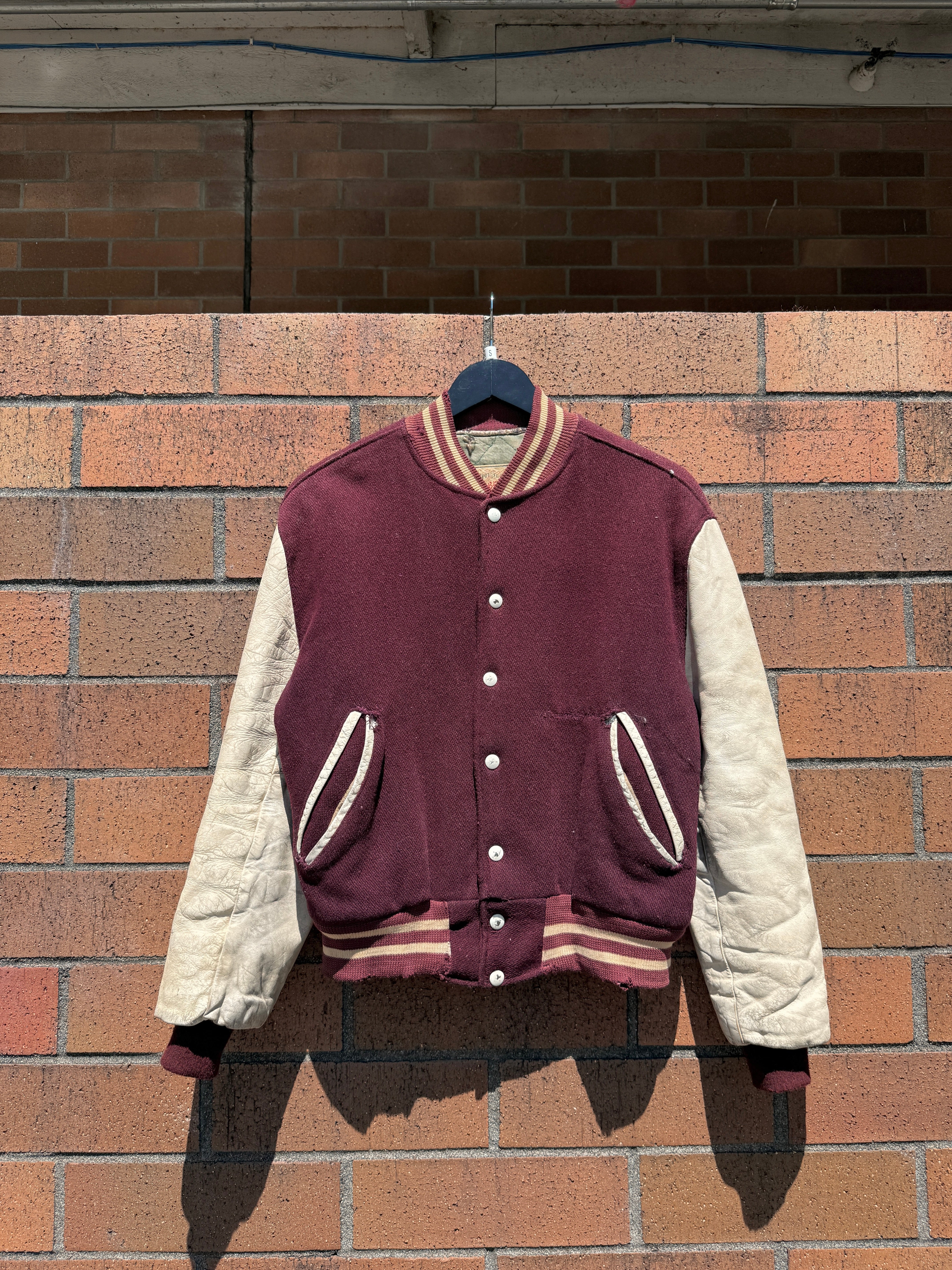 60s Timberline Burgundy / Cream Varsity Jacket Size 38 (Small)