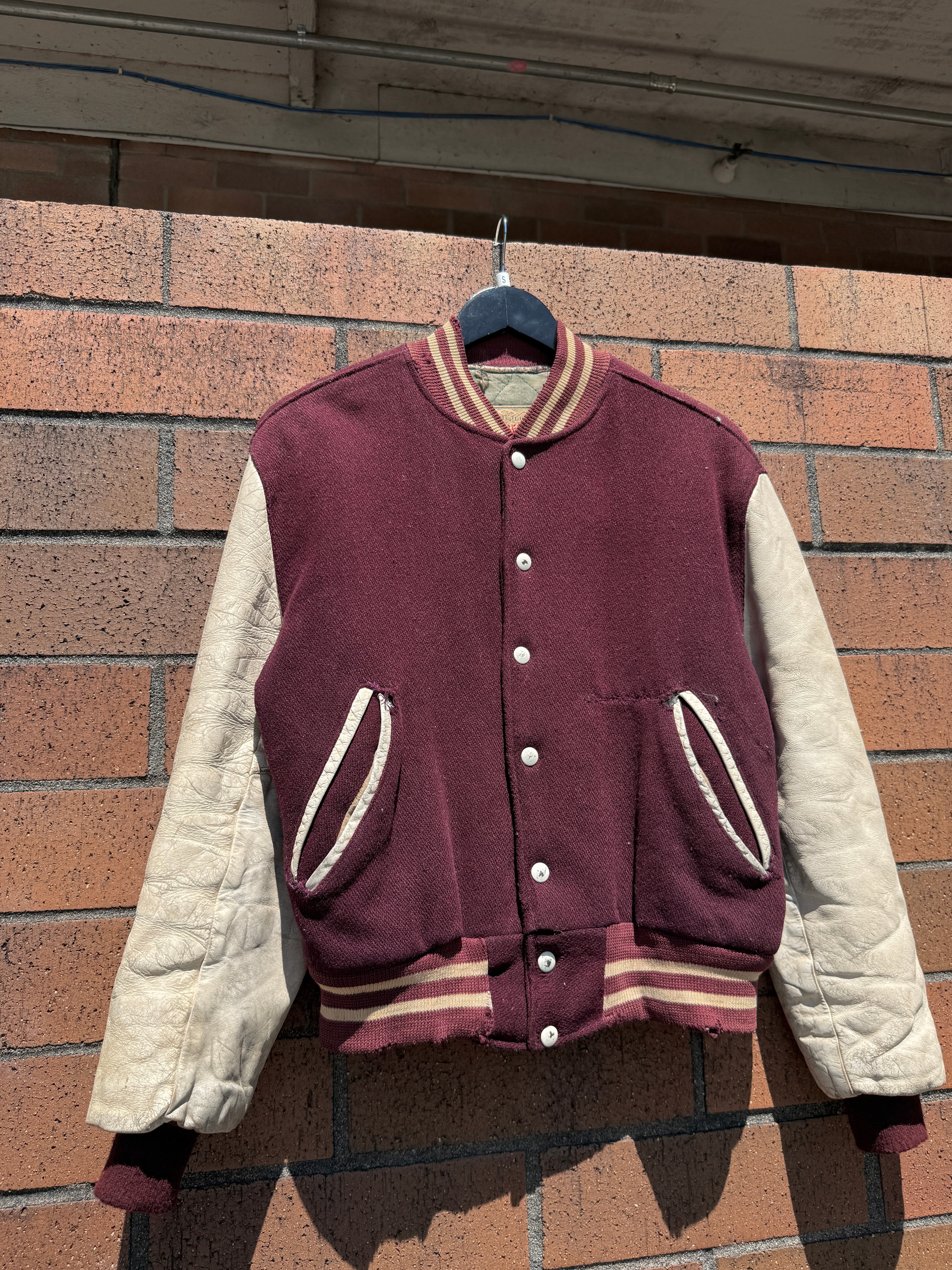 60s Timberline Burgundy / Cream Varsity Jacket Size 38 (Small)