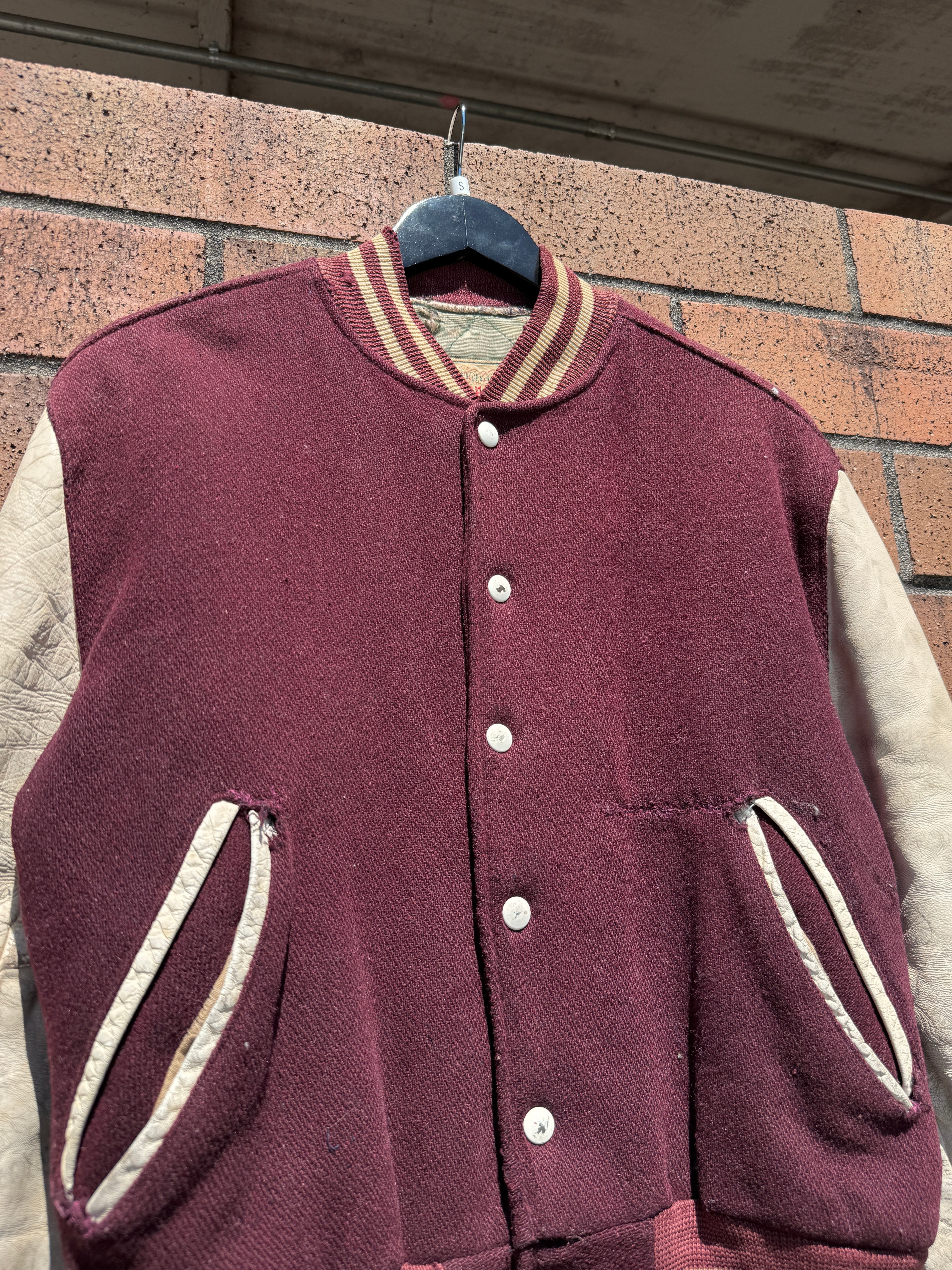 60s Timberline Burgundy / Cream Varsity Jacket Size 38 (Small)