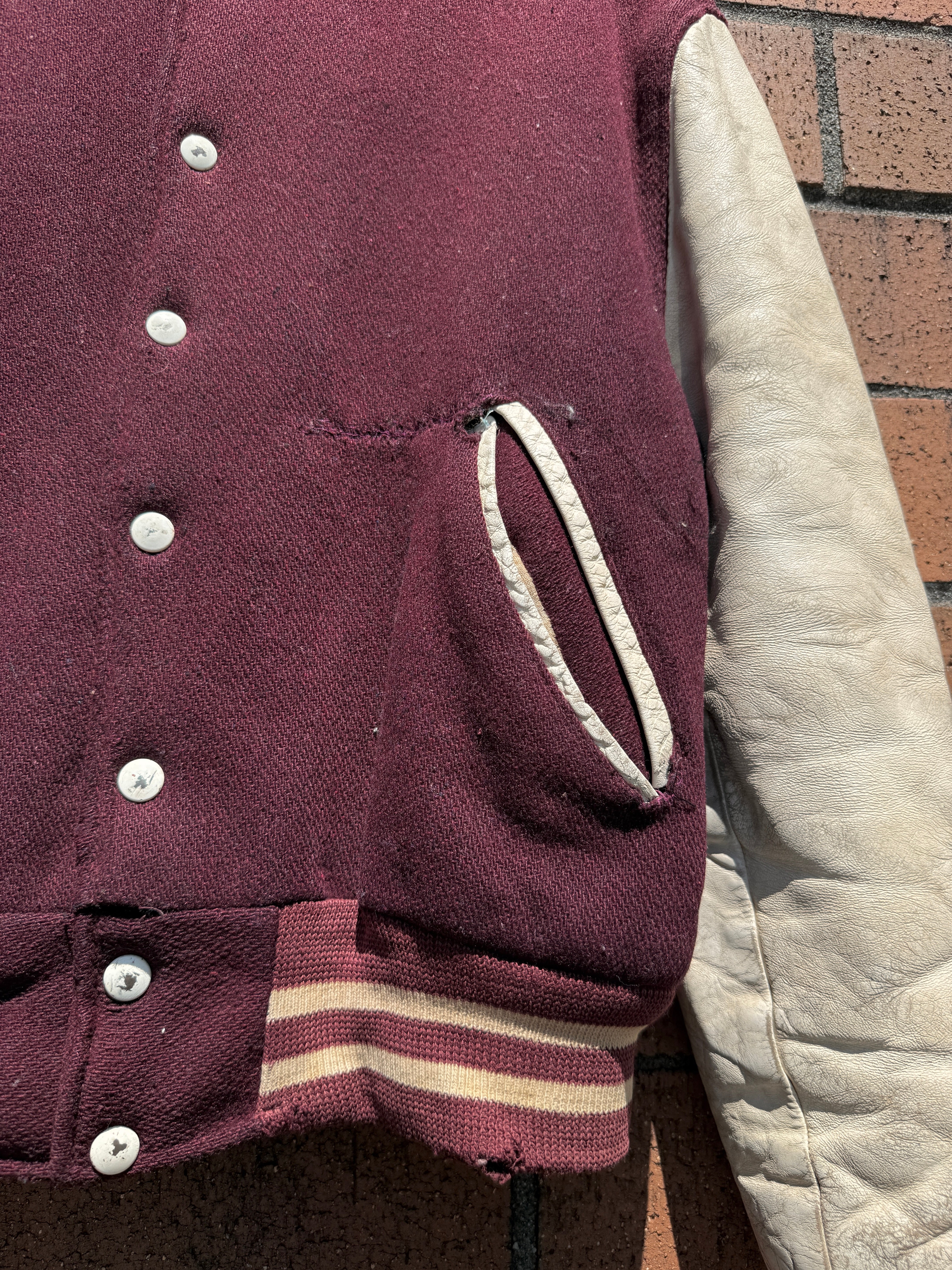 60s Timberline Burgundy / Cream Varsity Jacket Size 38 (Small)