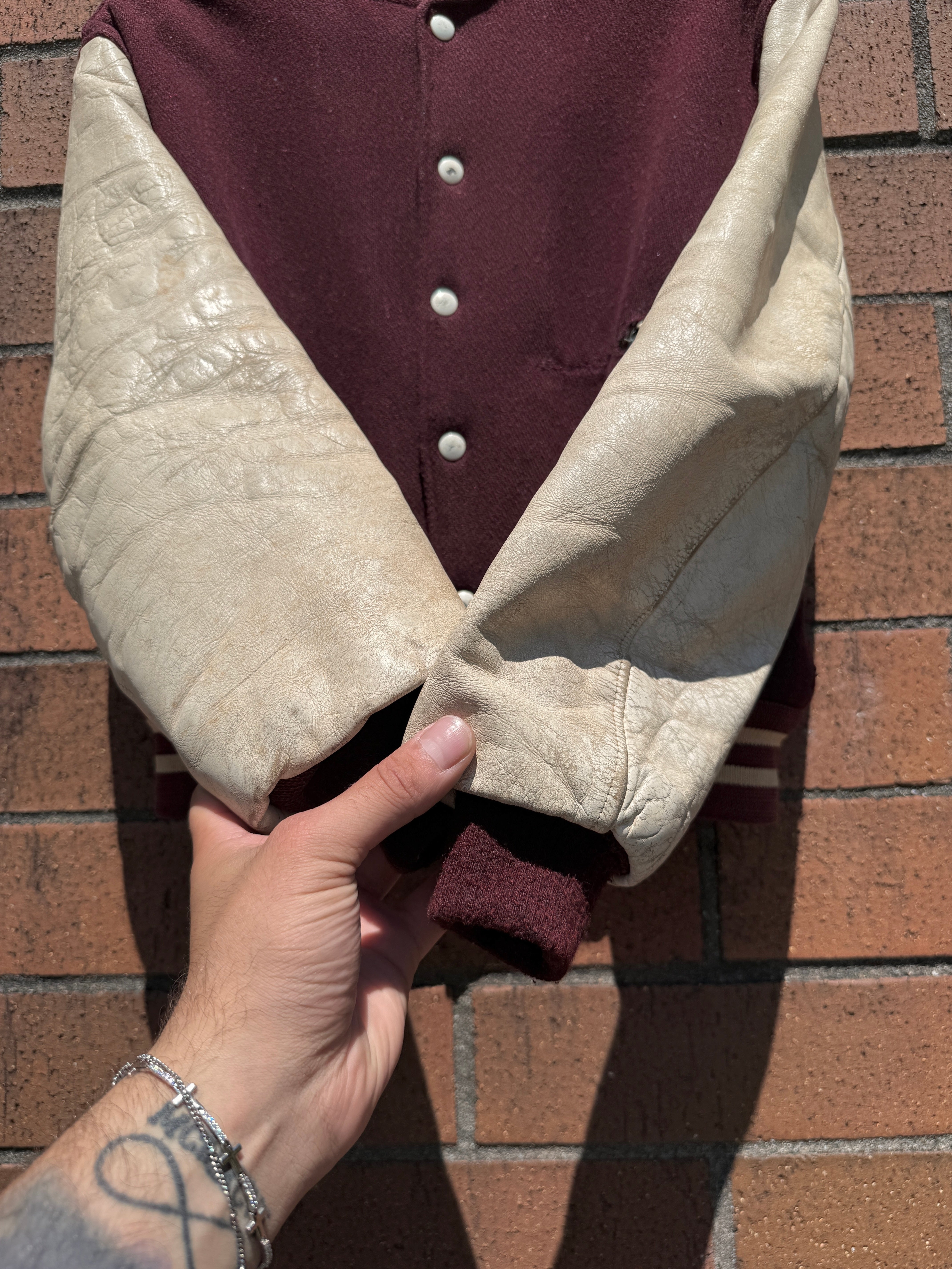 60s Timberline Burgundy / Cream Varsity Jacket Size 38 (Small)