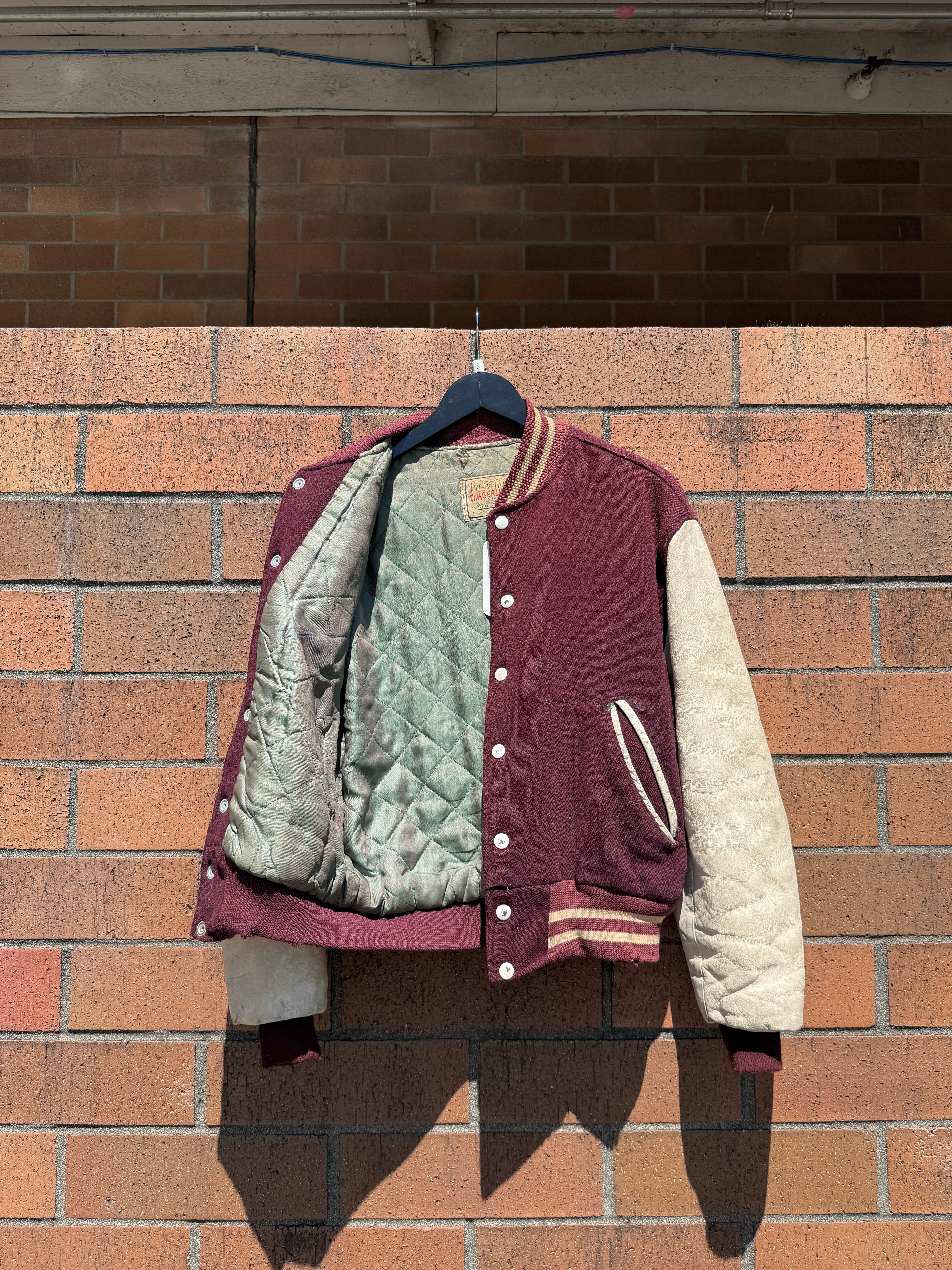 60s Timberline Burgundy / Cream Varsity Jacket Size 38 (Small)