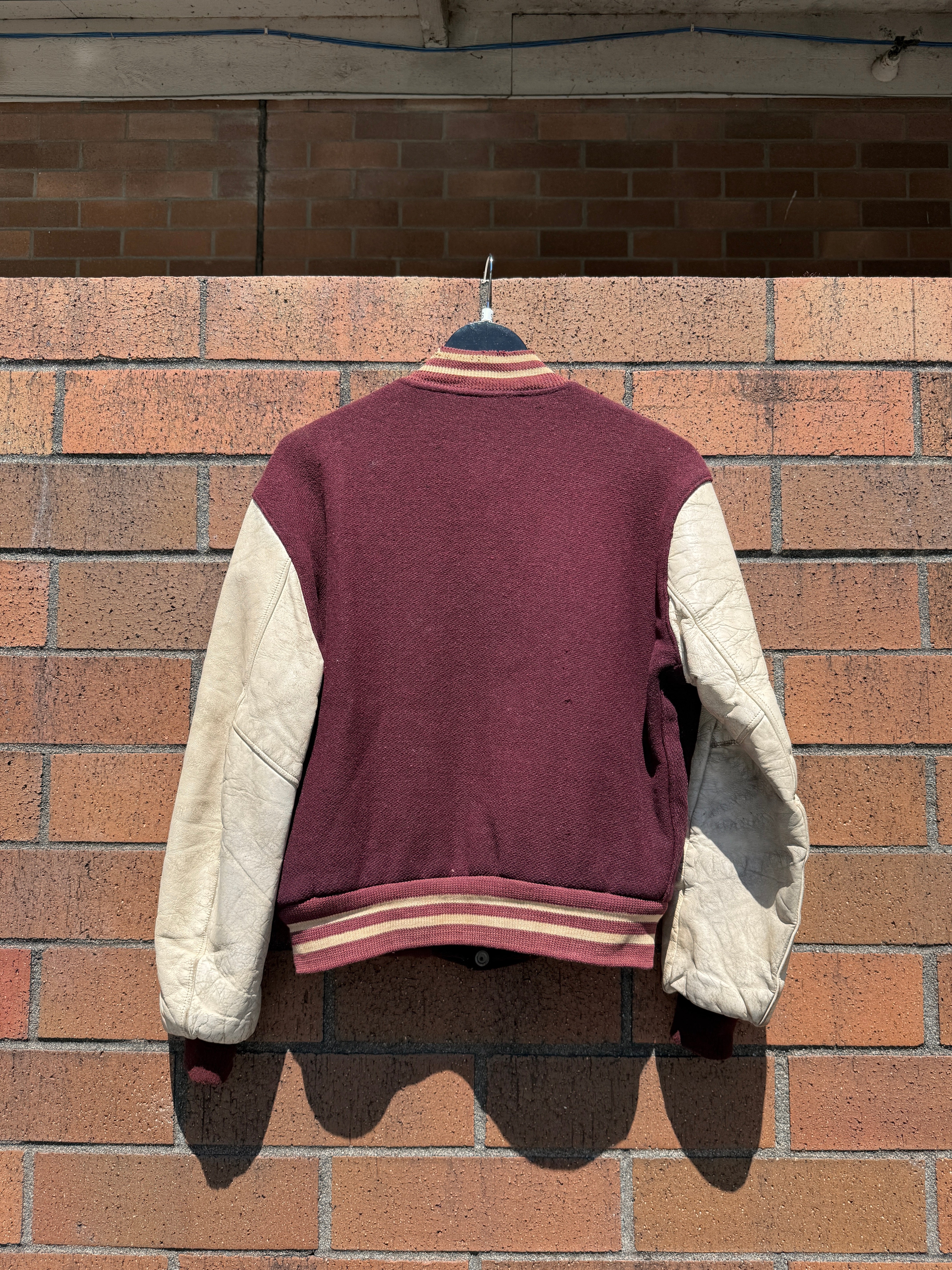 60s Timberline Burgundy / Cream Varsity Jacket Size 38 (Small)