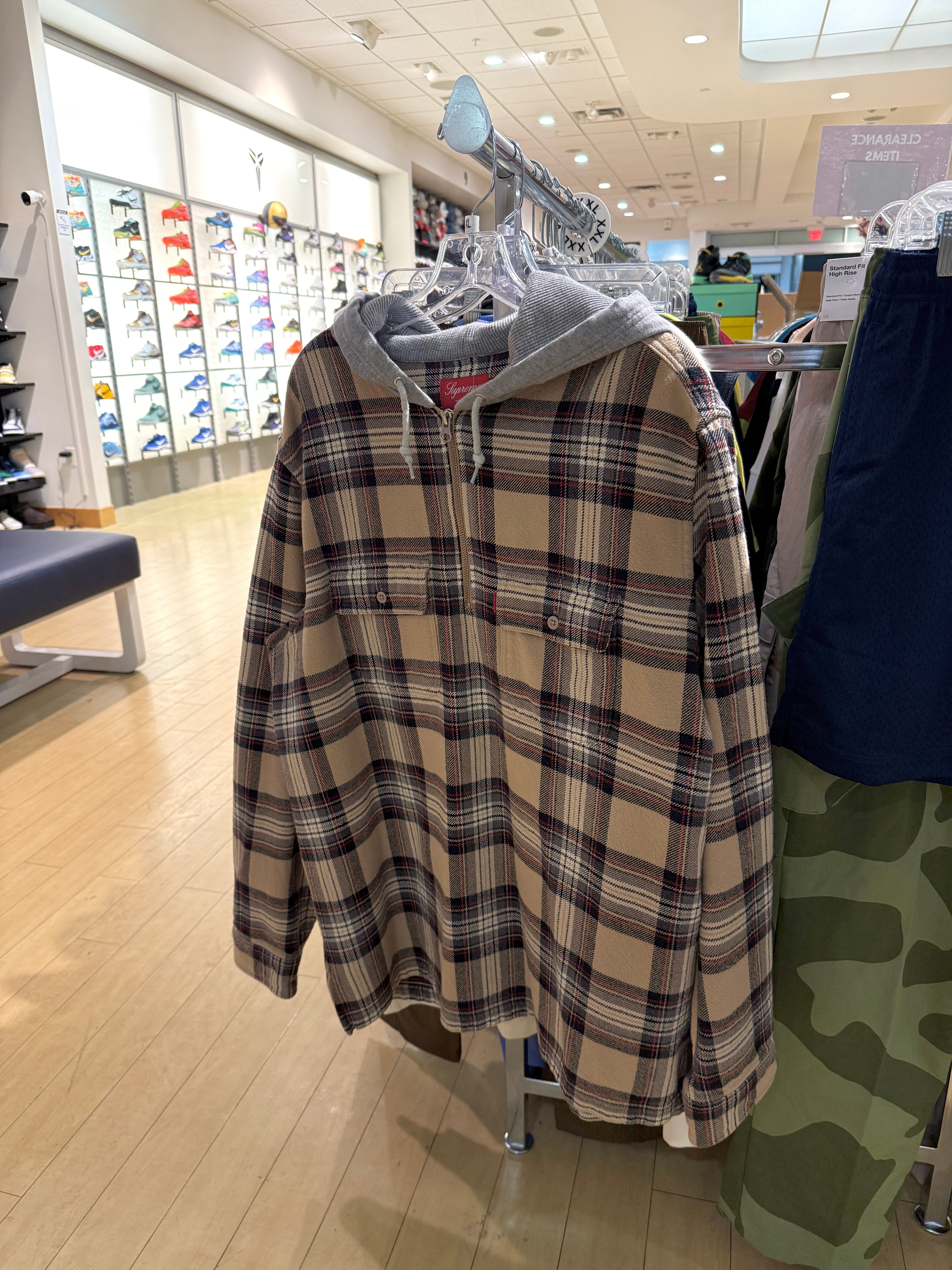 Supreme Hooded Plaid Half Zip Sweatshirt Tan FW16 Sz XL USED