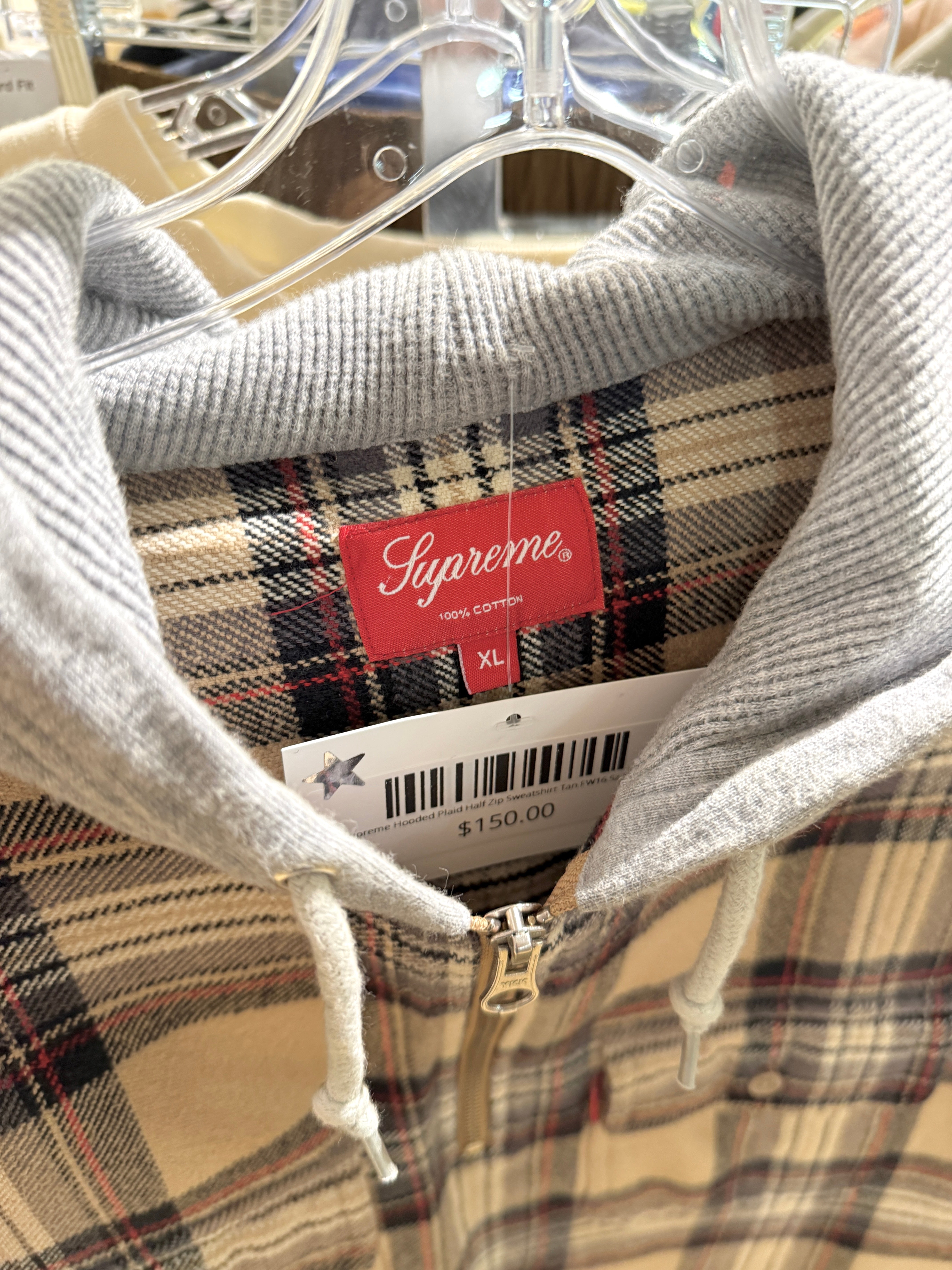 Supreme Hooded Plaid Half Zip Sweatshirt Tan FW16 Sz XL USED
