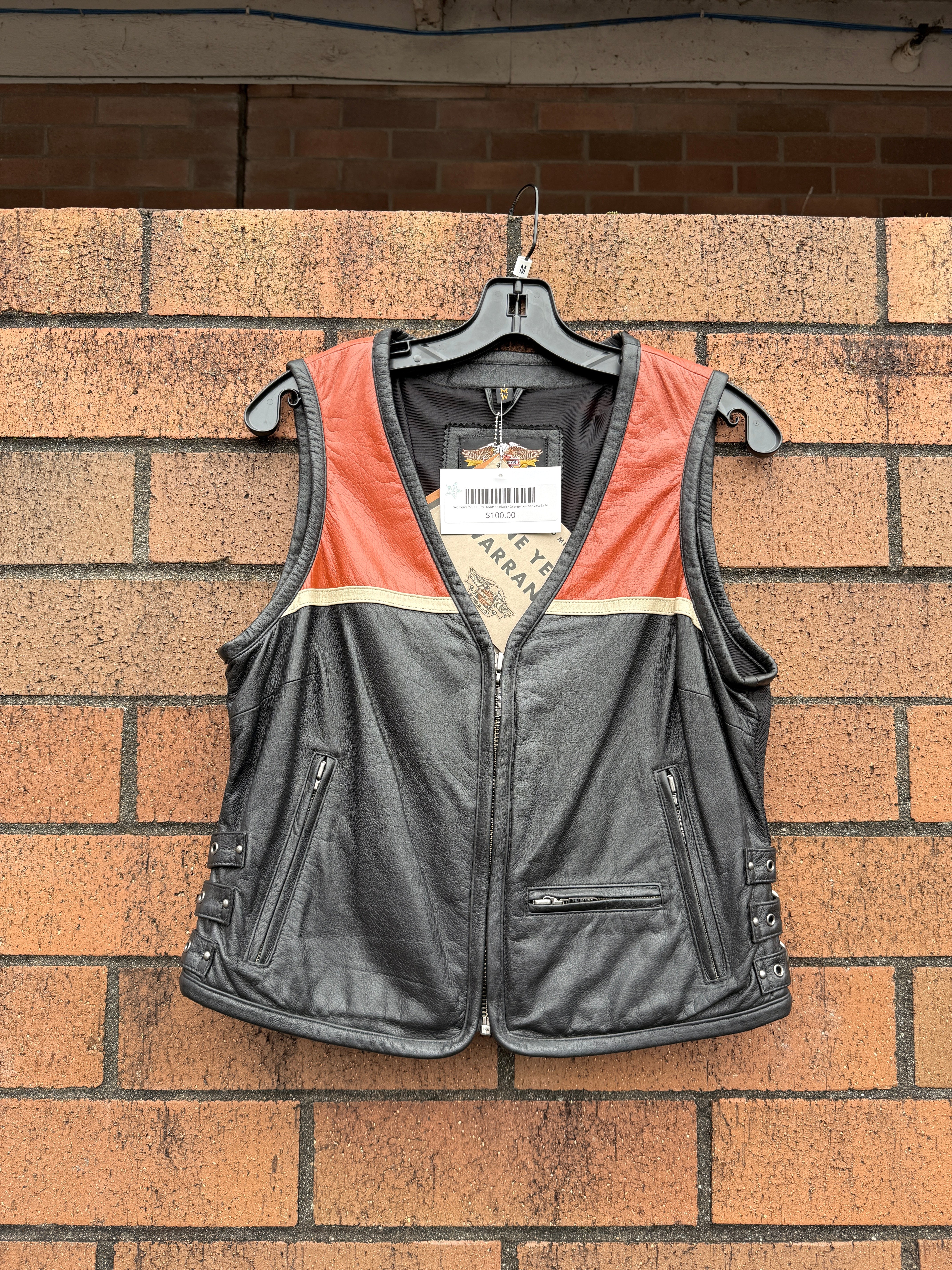 Women's Y2K Harley Davidson Black / Orange Leather Vest Sz M