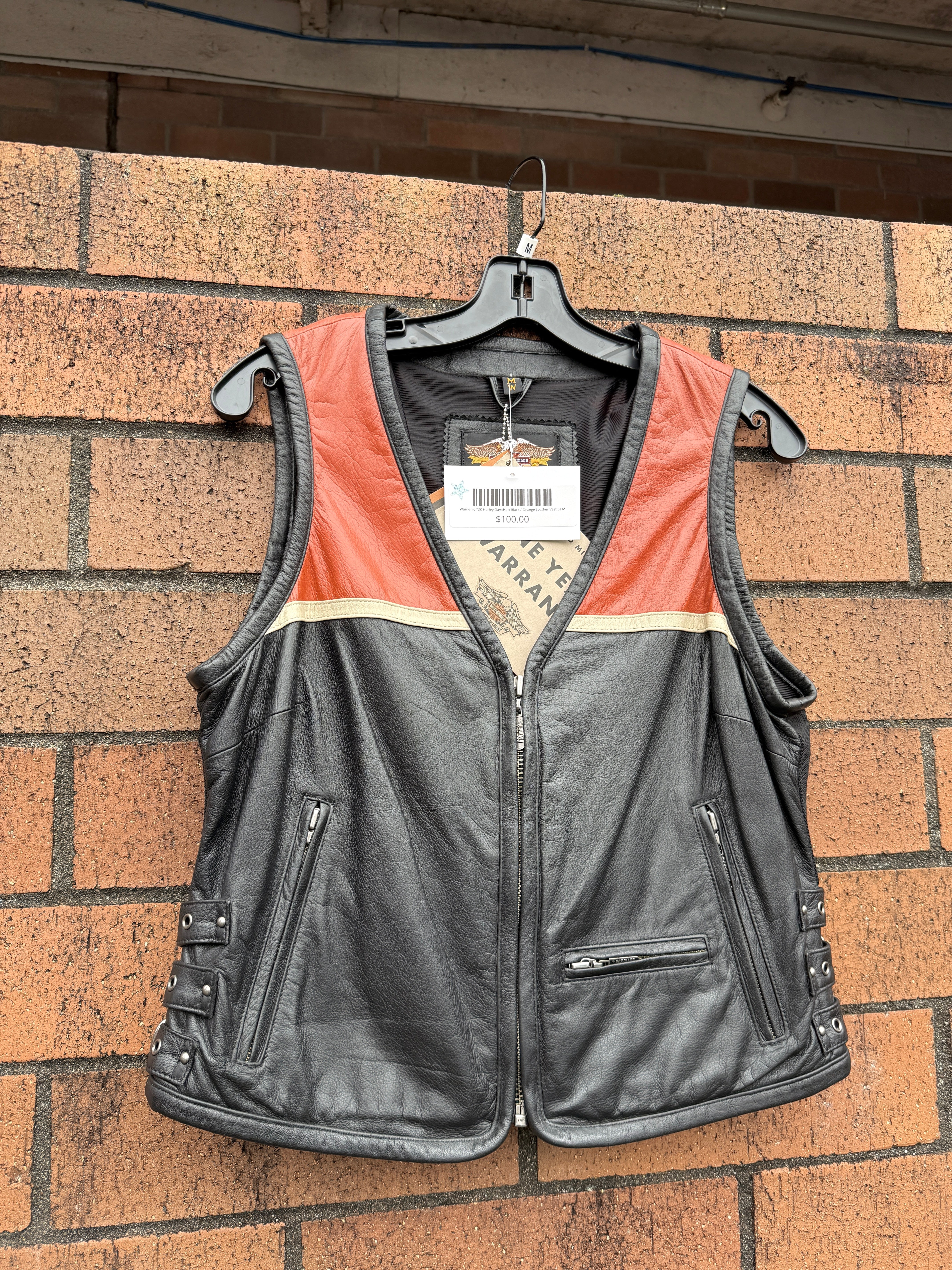 Women's Y2K Harley Davidson Black / Orange Leather Vest Sz M