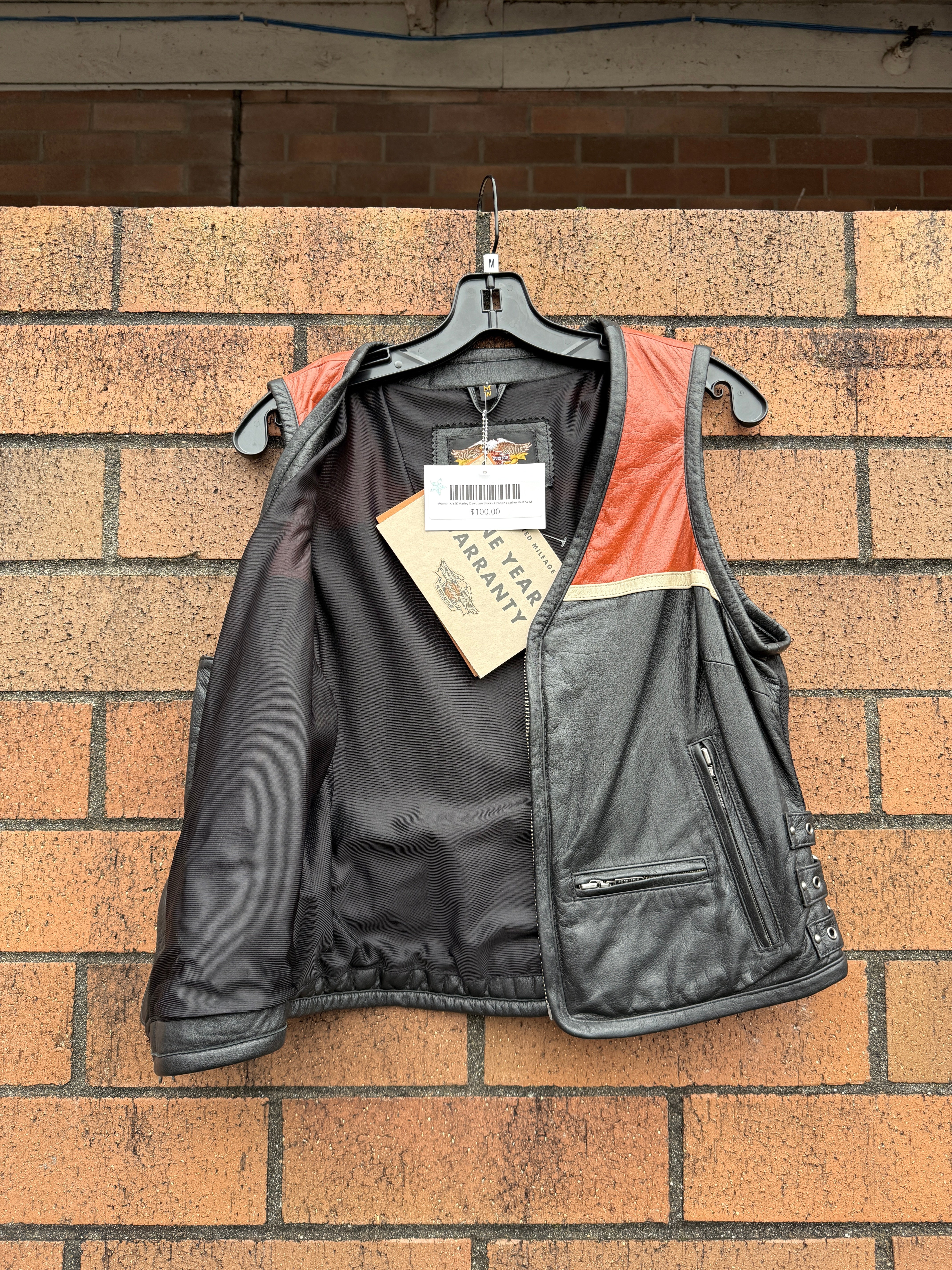 Women's Y2K Harley Davidson Black / Orange Leather Vest Sz M