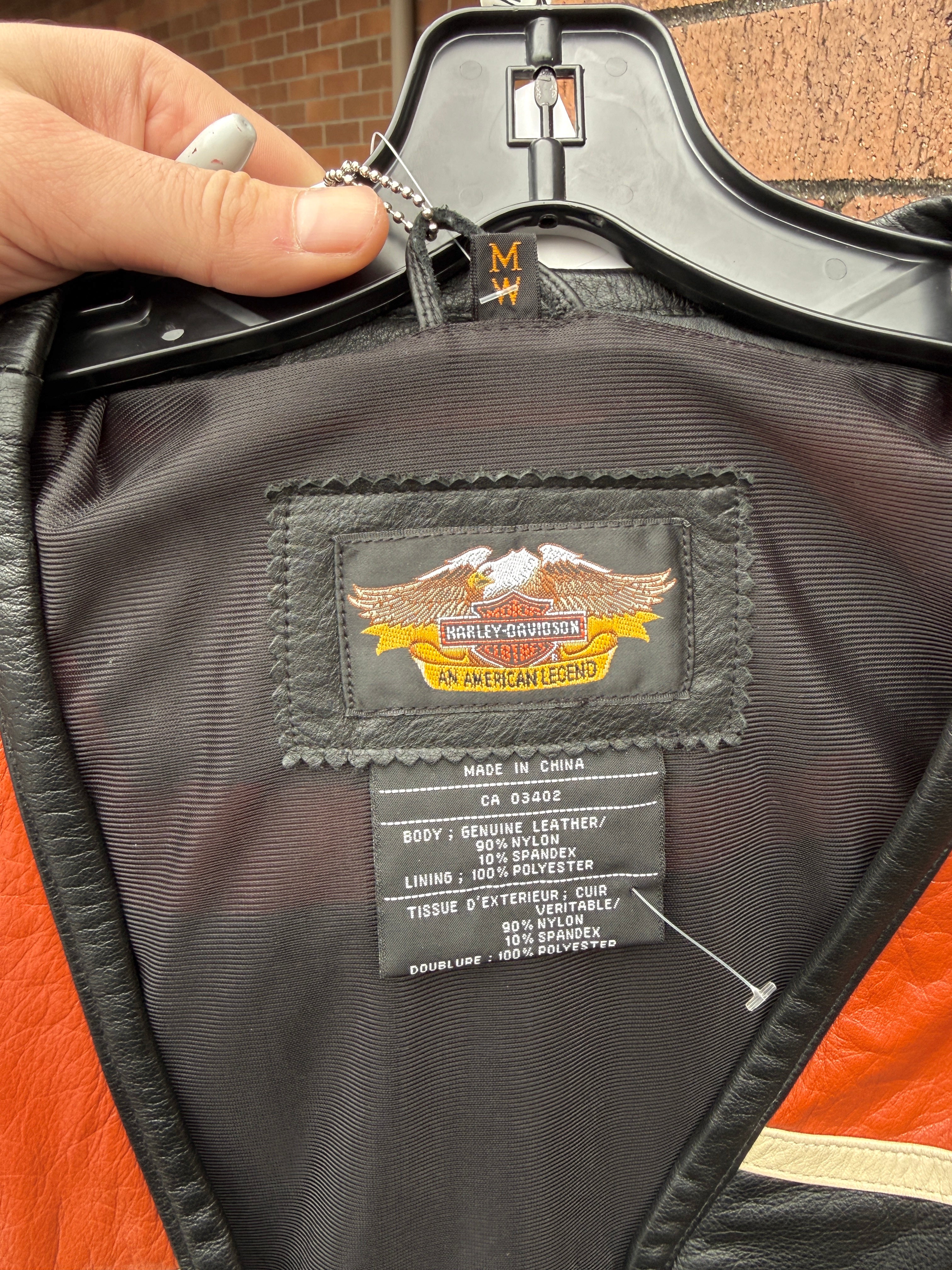 Women's Y2K Harley Davidson Black / Orange Leather Vest Sz M