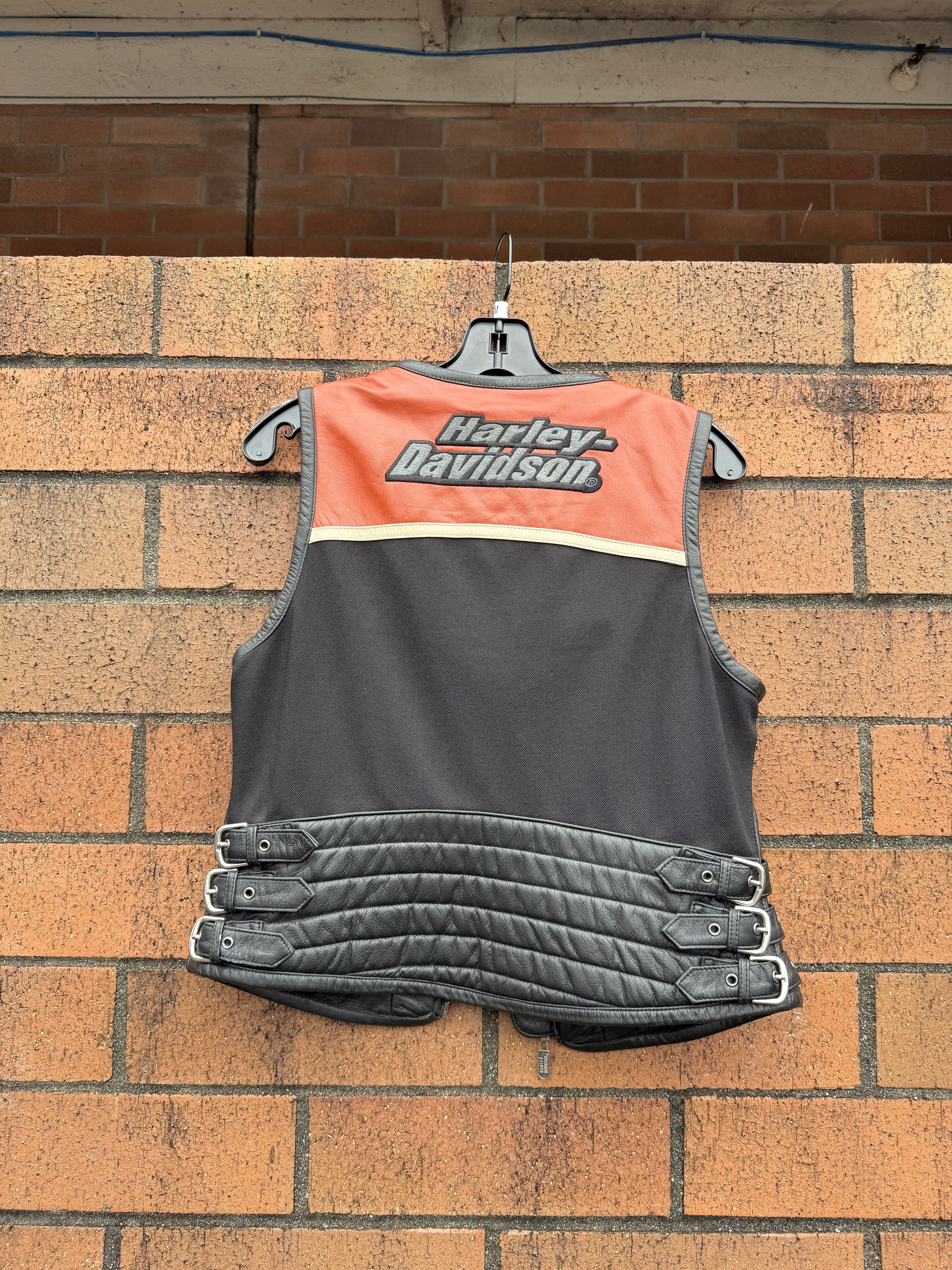 Women's Y2K Harley Davidson Black / Orange Leather Vest Sz M
