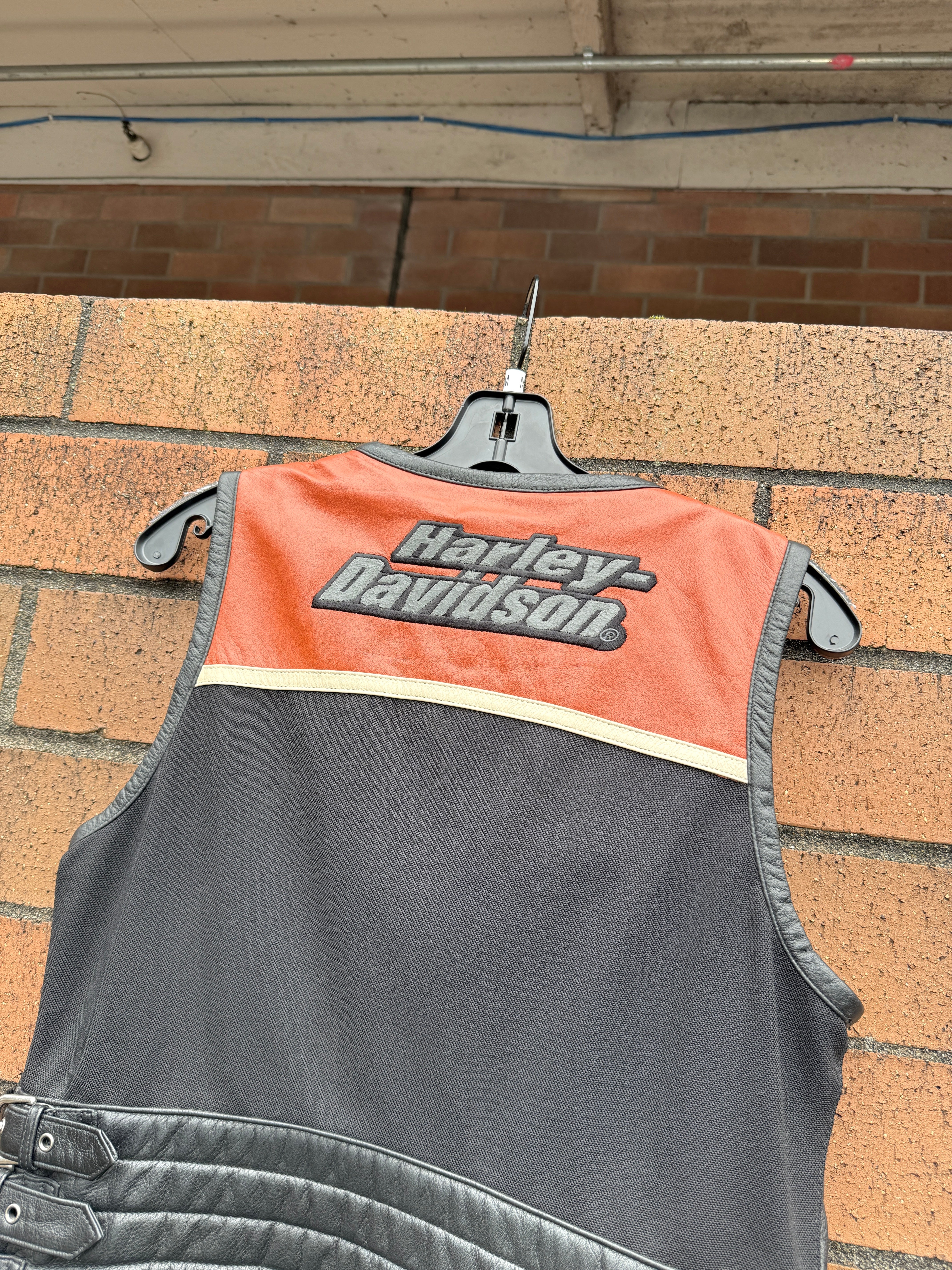 Women's Y2K Harley Davidson Black / Orange Leather Vest Sz M