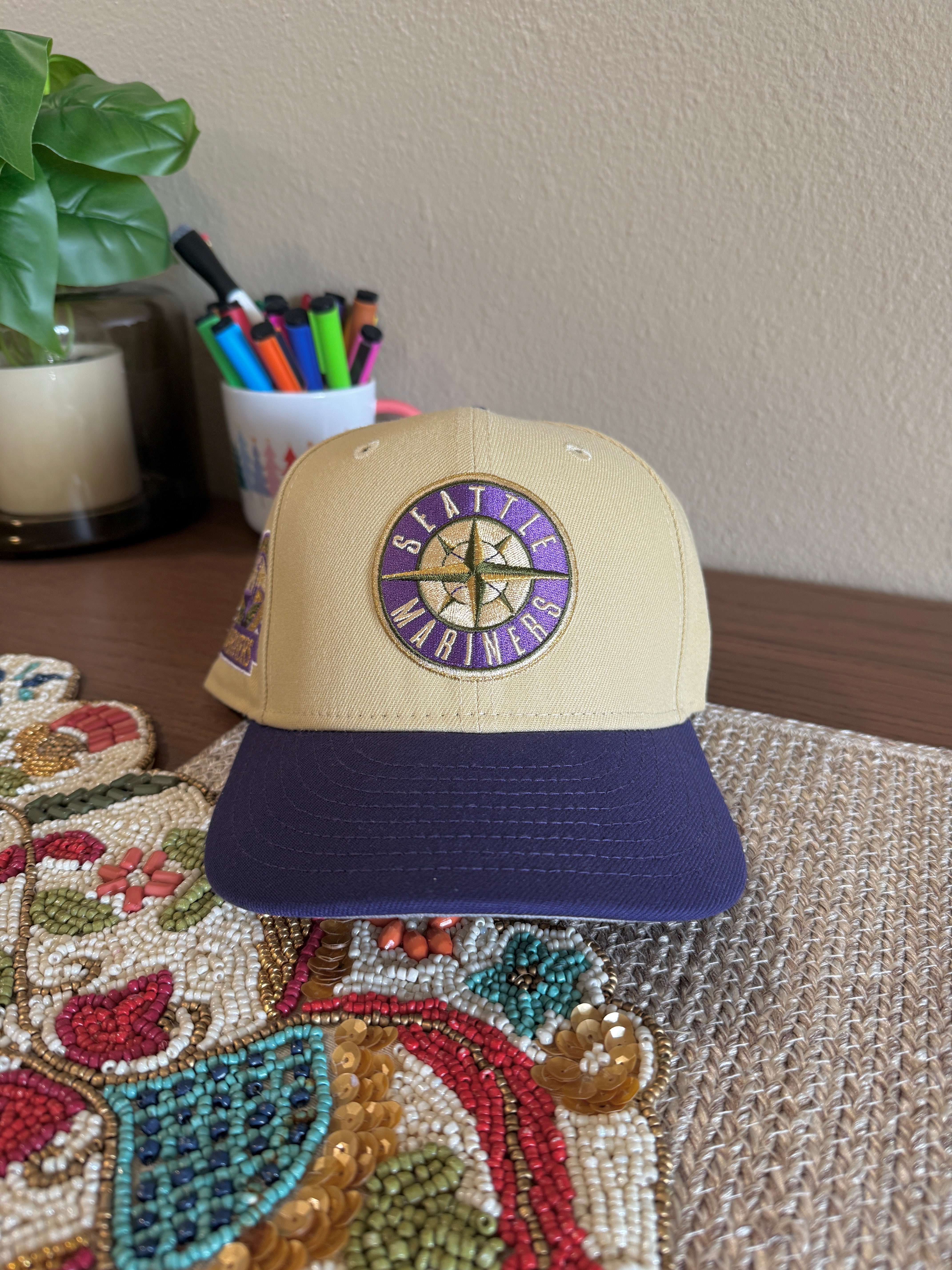 New Era Seattle Mariners 30th Anniversary Fitted Hat Tan Purple Olive USED Size 7 1/4