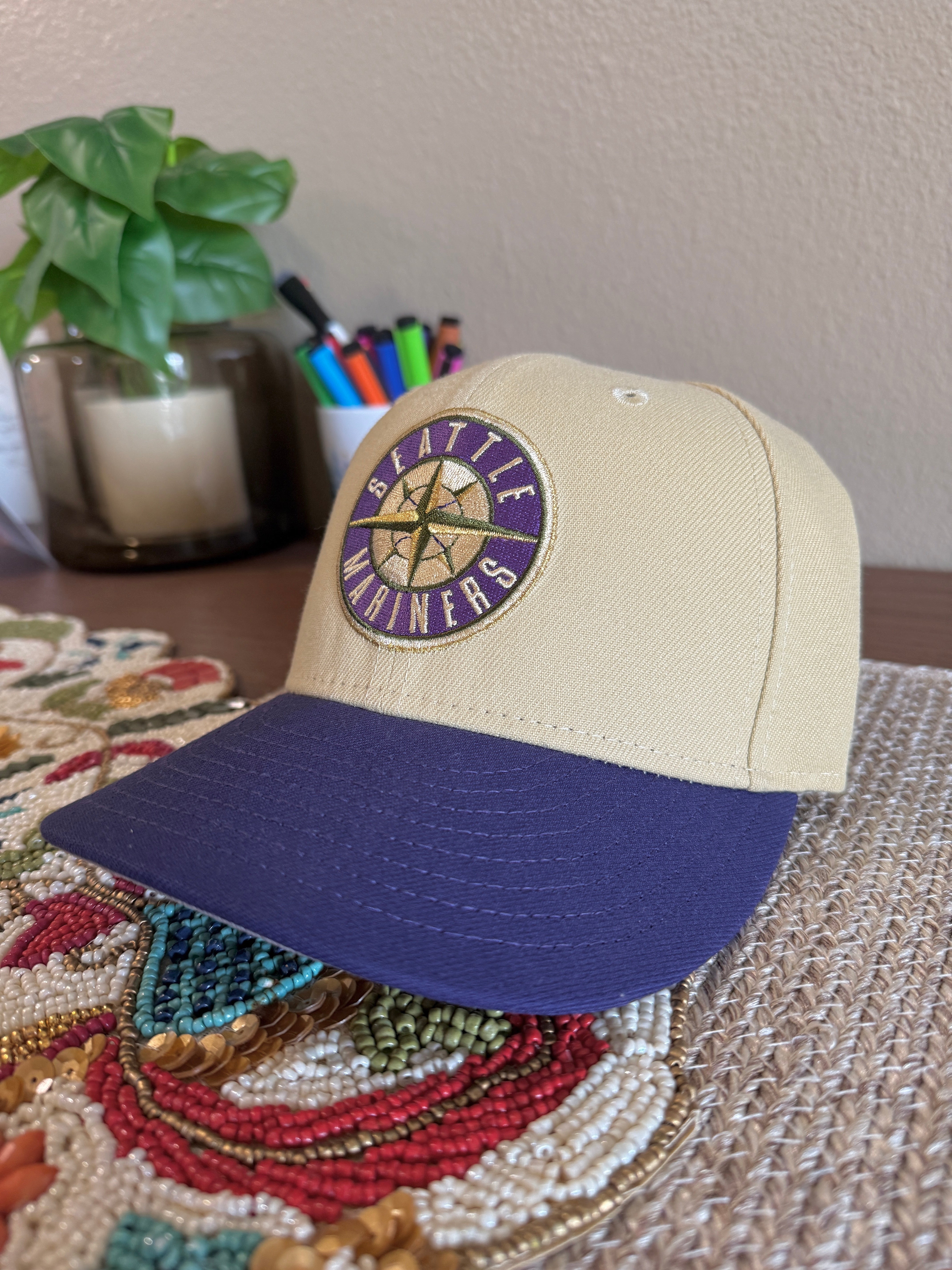 New Era Seattle Mariners 30th Anniversary Fitted Hat Tan Purple Olive USED Size 7 1/4
