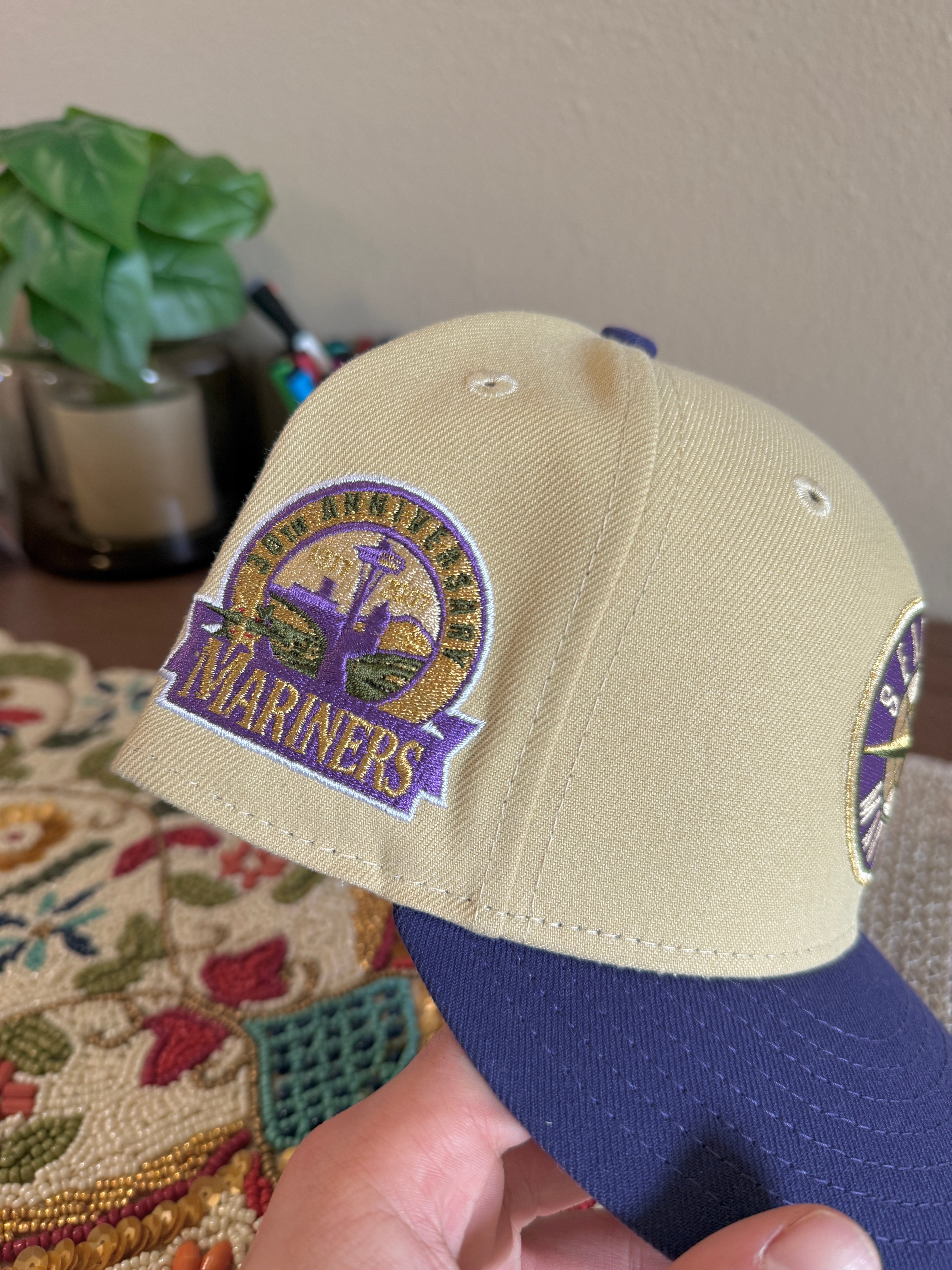New Era Seattle Mariners 30th Anniversary Fitted Hat Tan Purple Olive USED Size 7 1/4