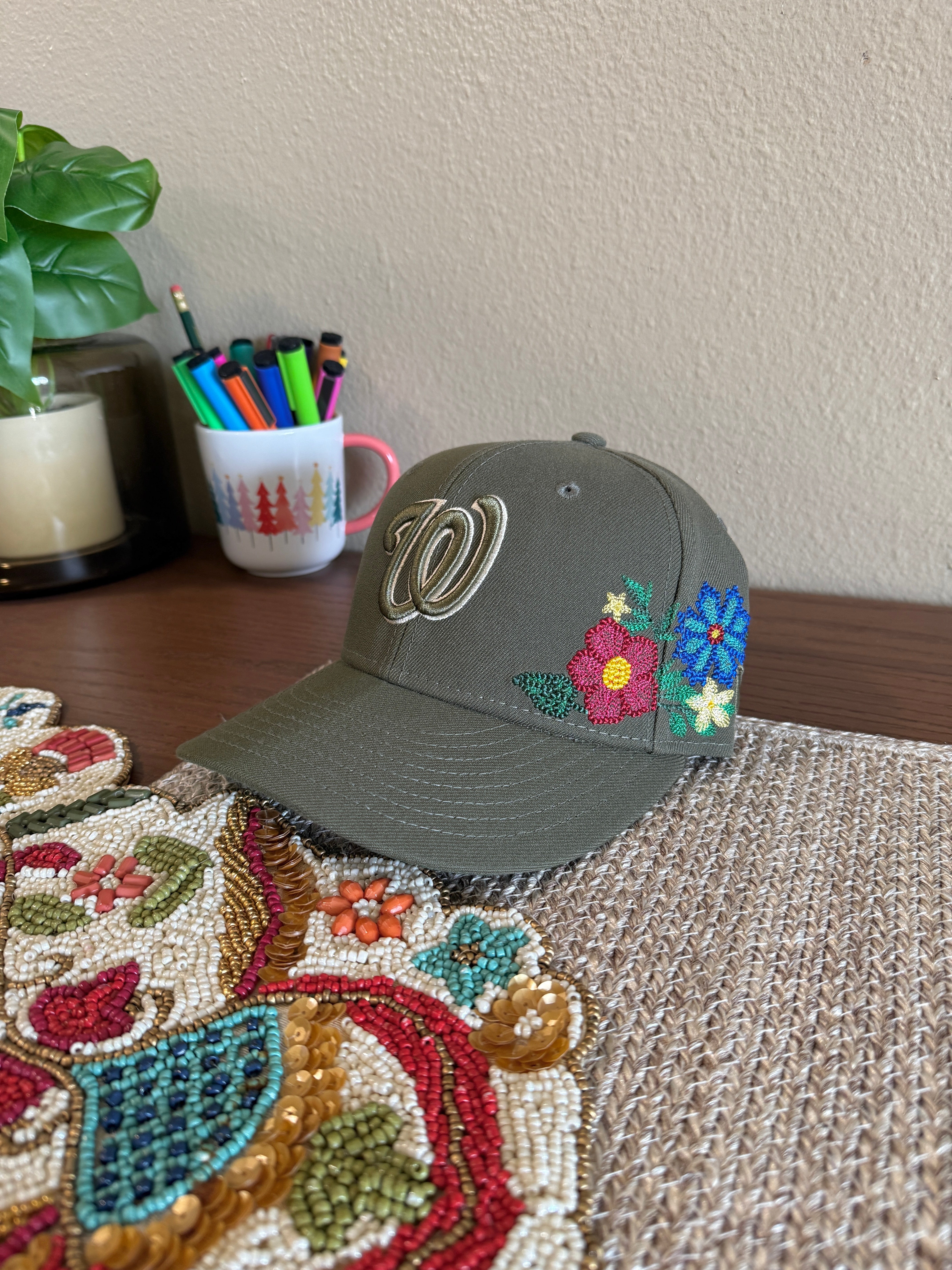 New Era Washington Nationals Olive Tonal Floral Fitted Hat USED Size 7 1/4