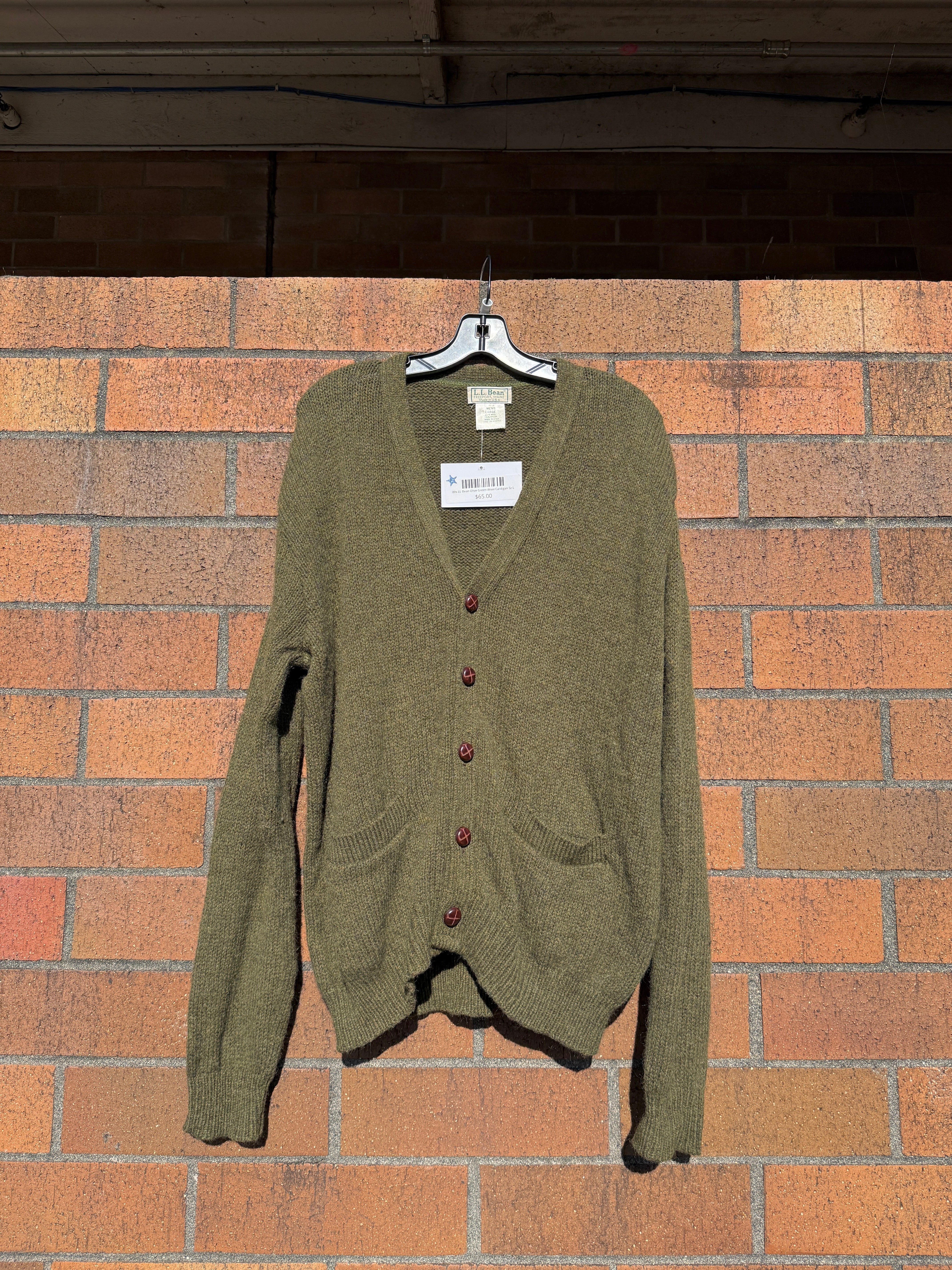 80s LL Bean Olive Green Wool Cardigan Sz L