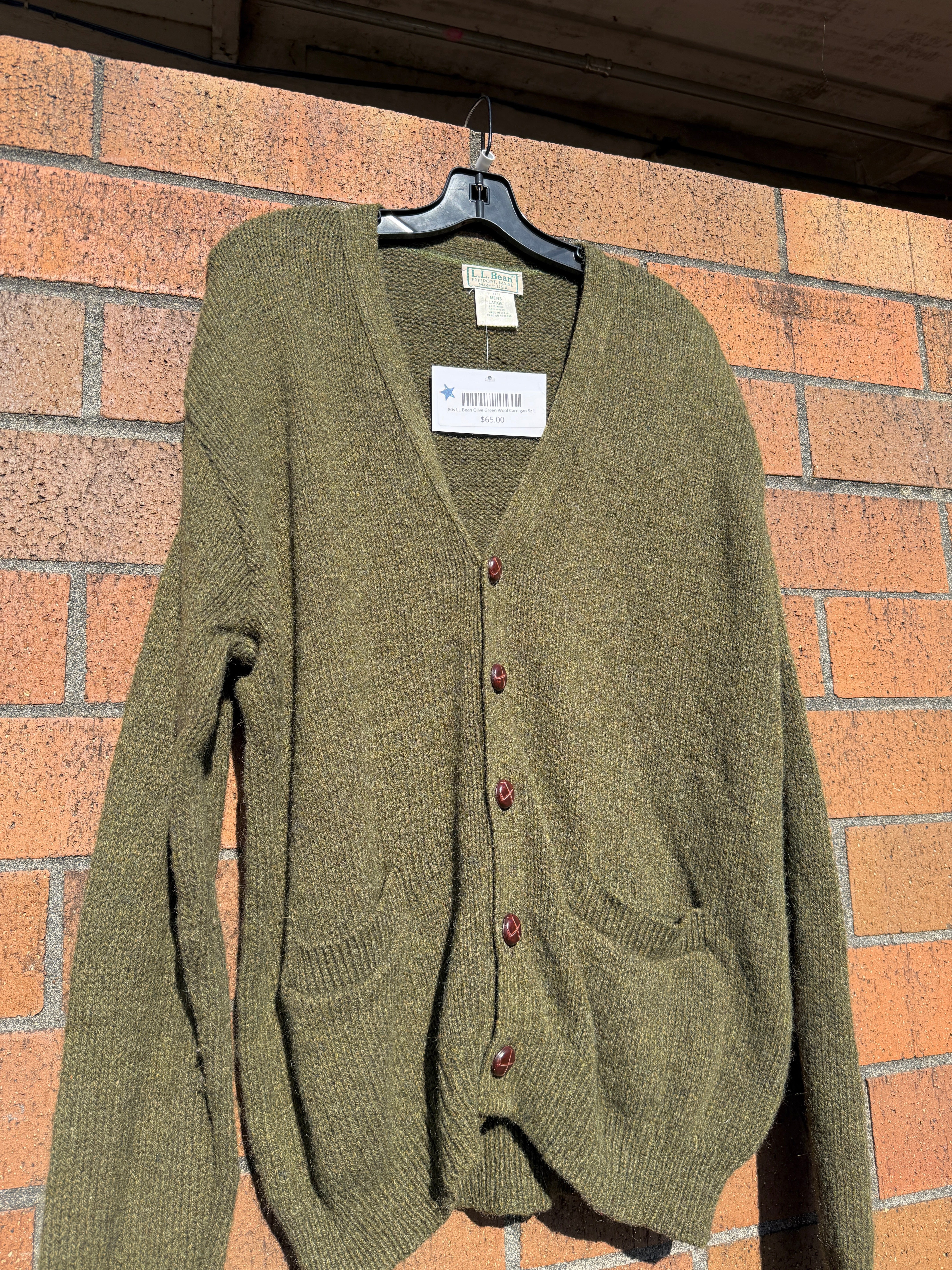 80s LL Bean Olive Green Wool Cardigan Sz L