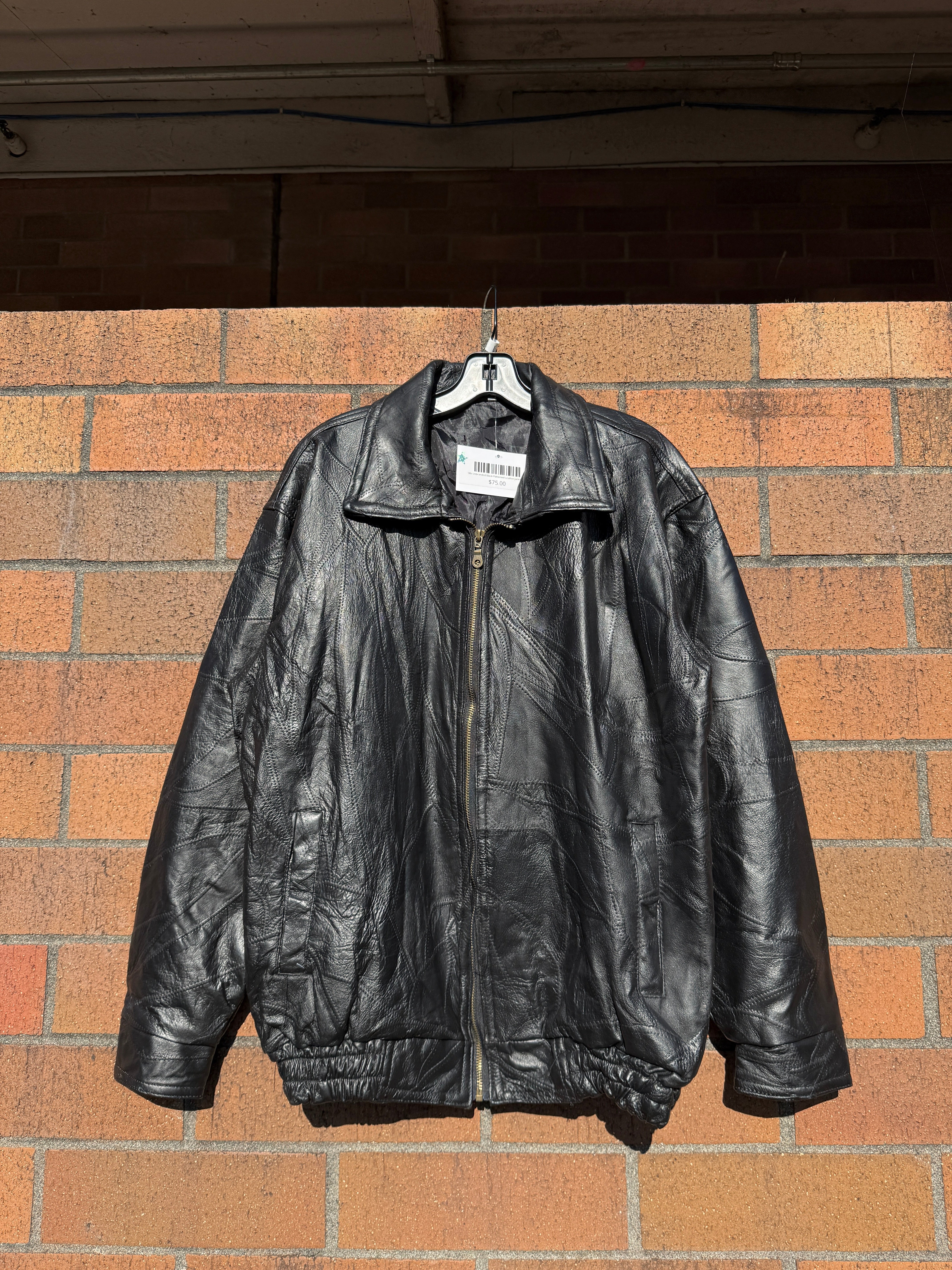 90s Unbranded Black Patterned Leather Jacket Sz L