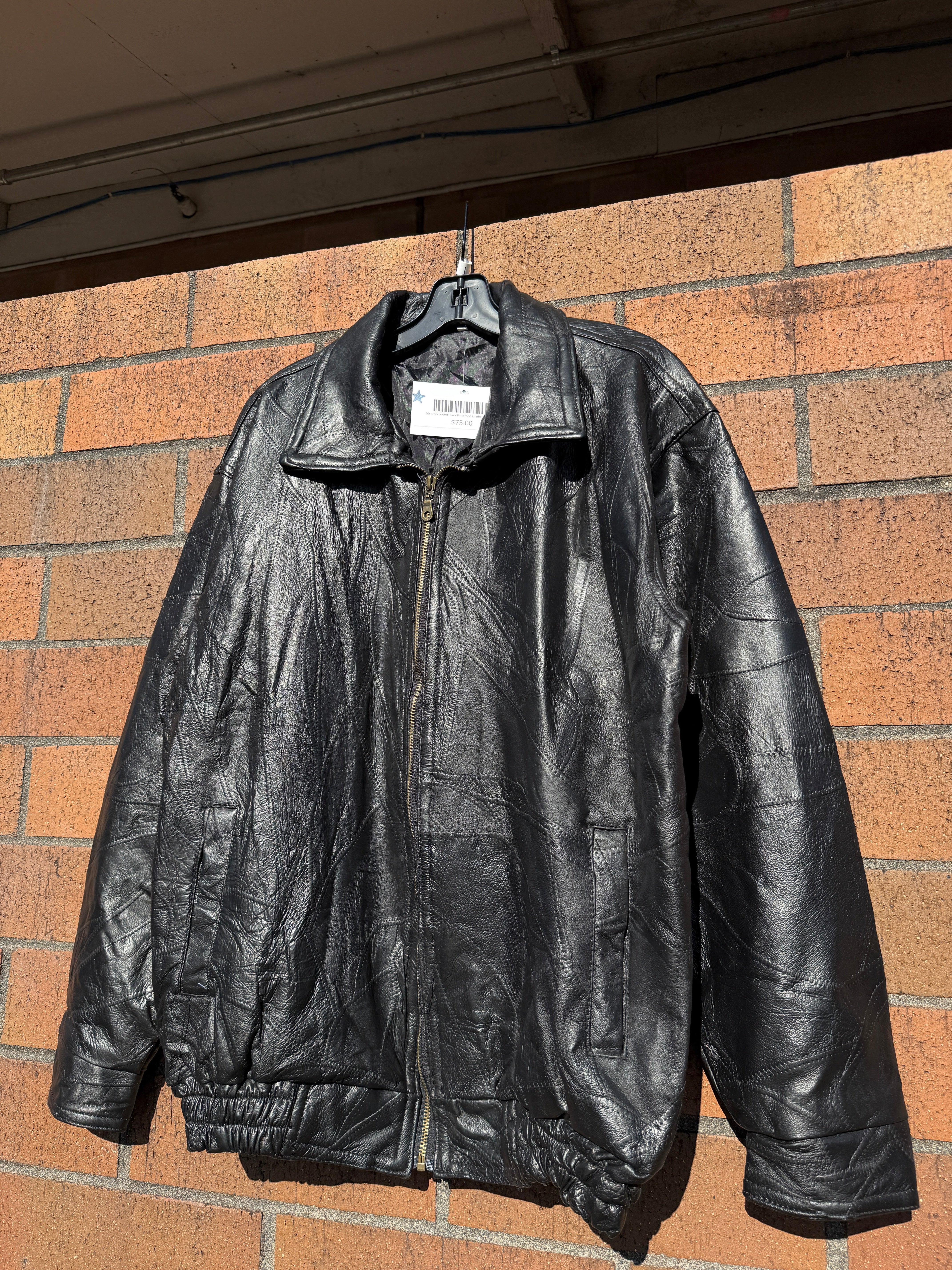 90s Unbranded Black Patterned Leather Jacket Sz L