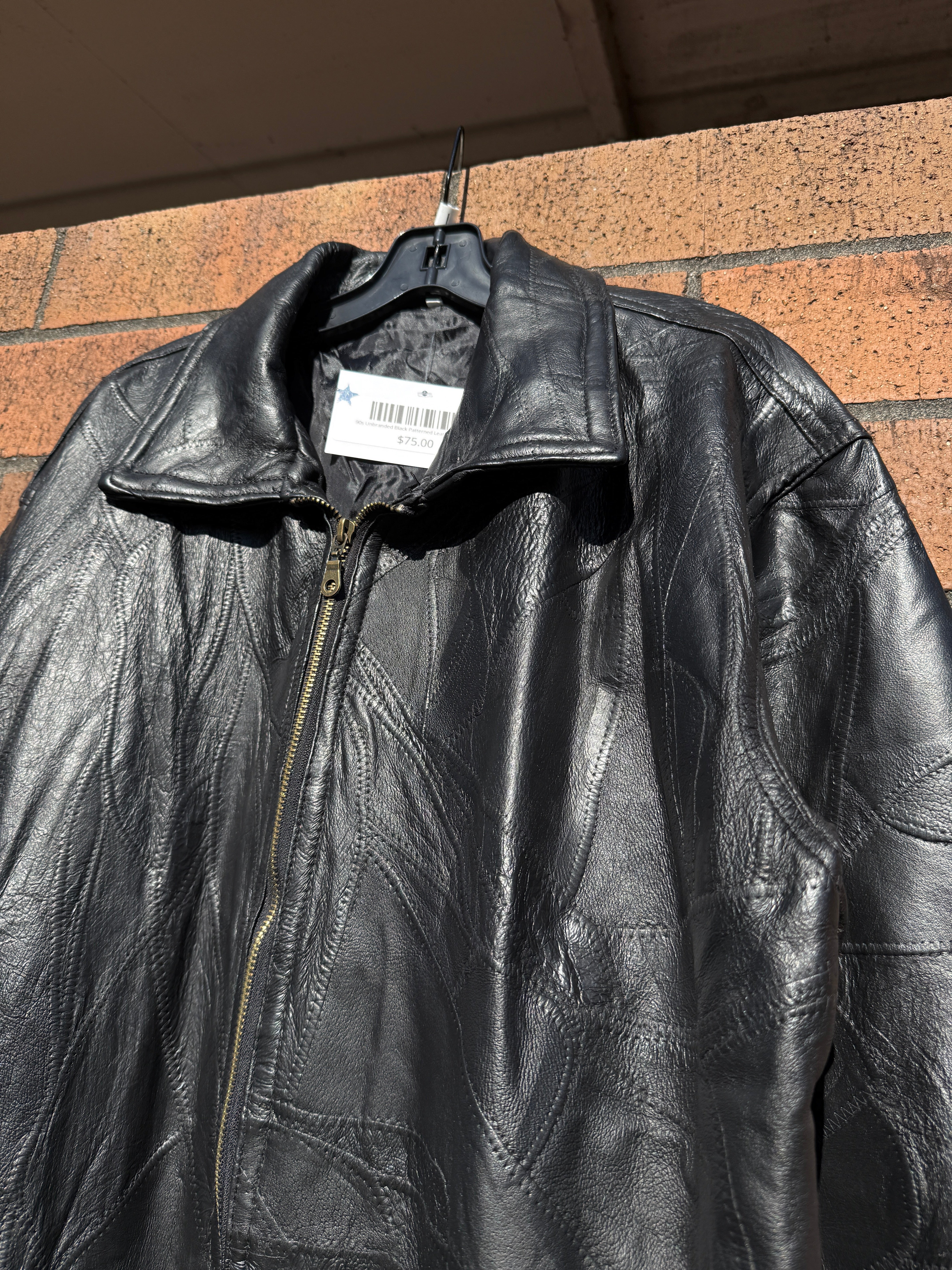 90s Unbranded Black Patterned Leather Jacket Sz L