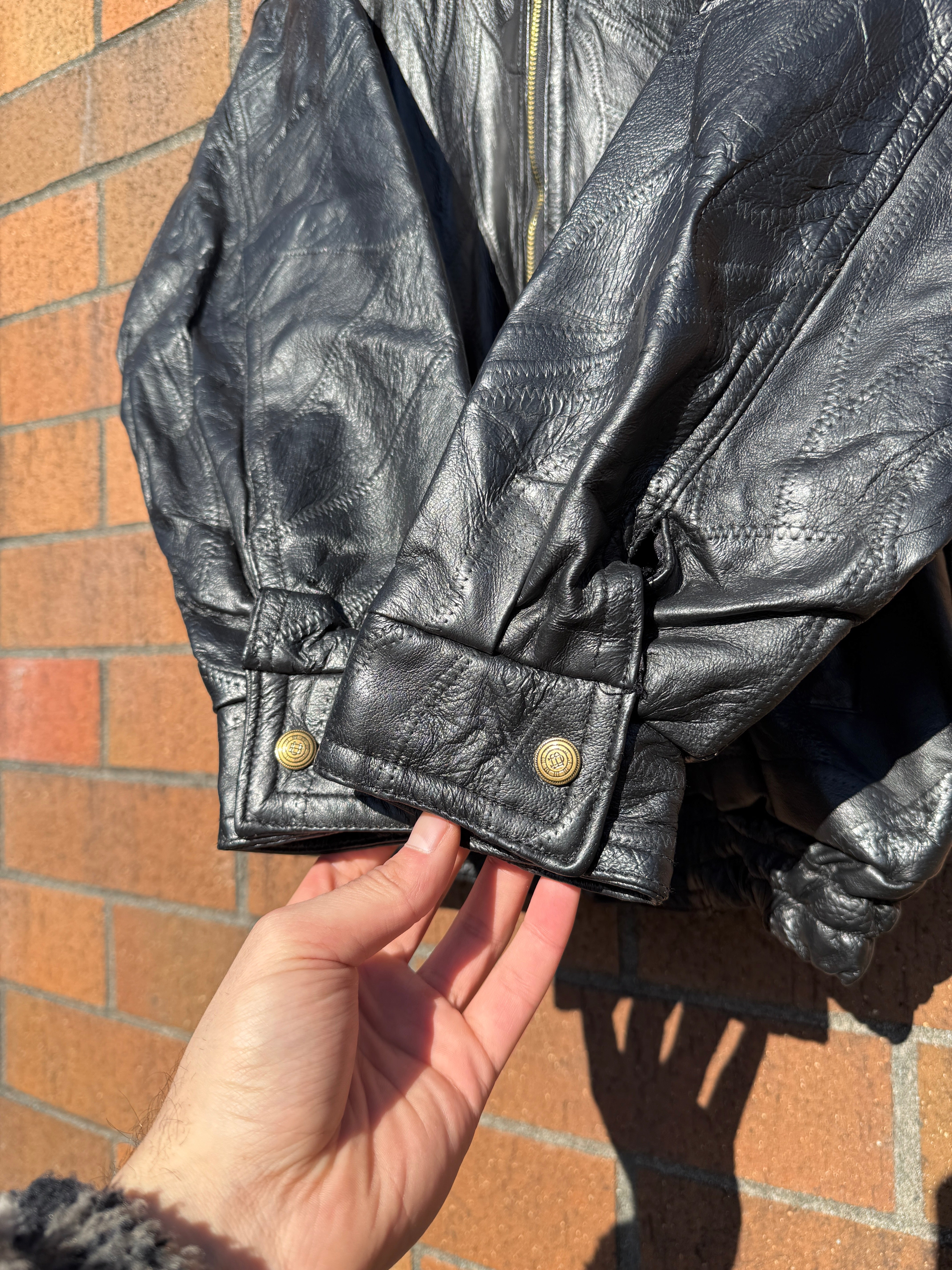 90s Unbranded Black Patterned Leather Jacket Sz L