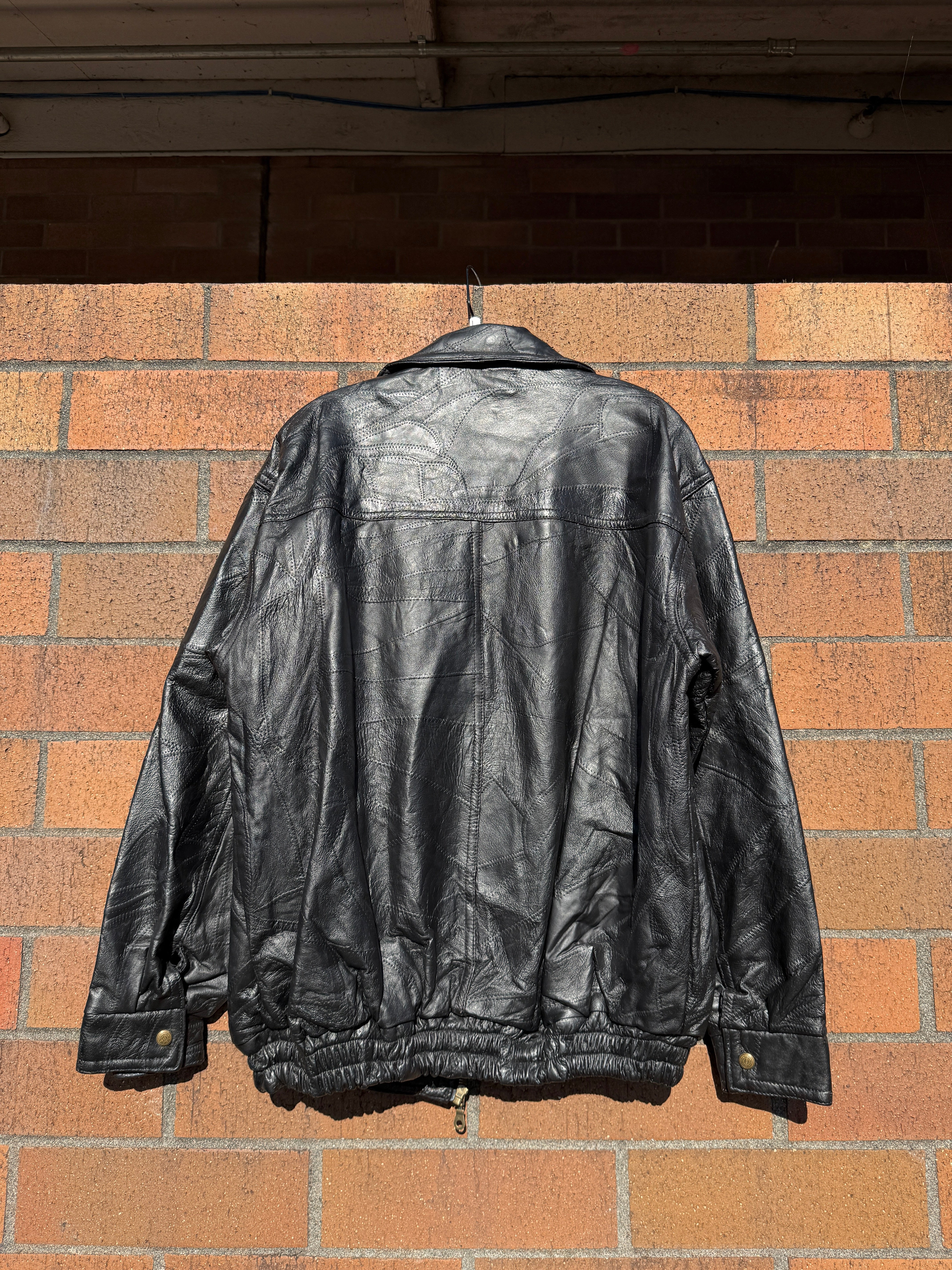 90s Unbranded Black Patterned Leather Jacket Sz L