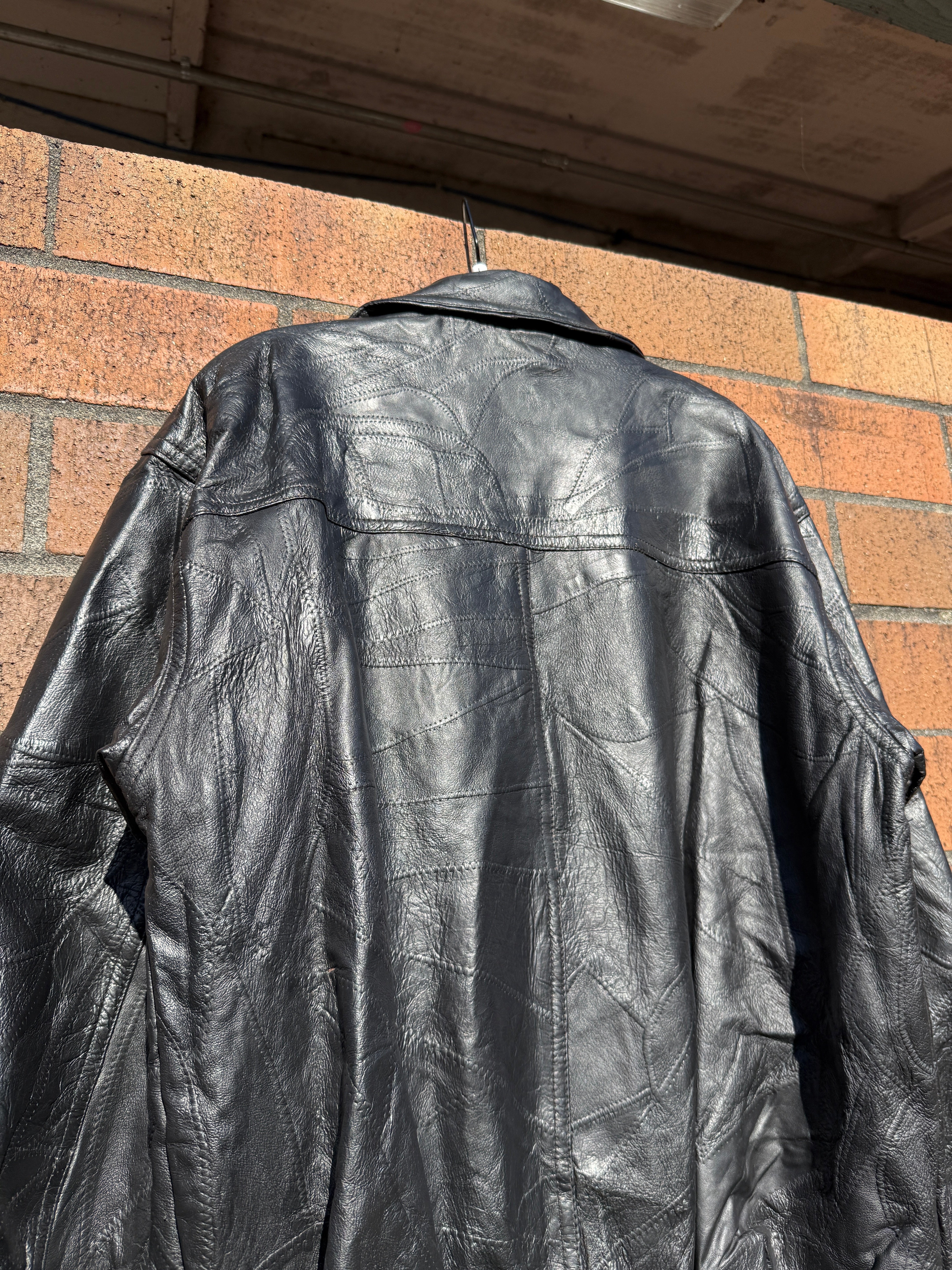 90s Unbranded Black Patterned Leather Jacket Sz L