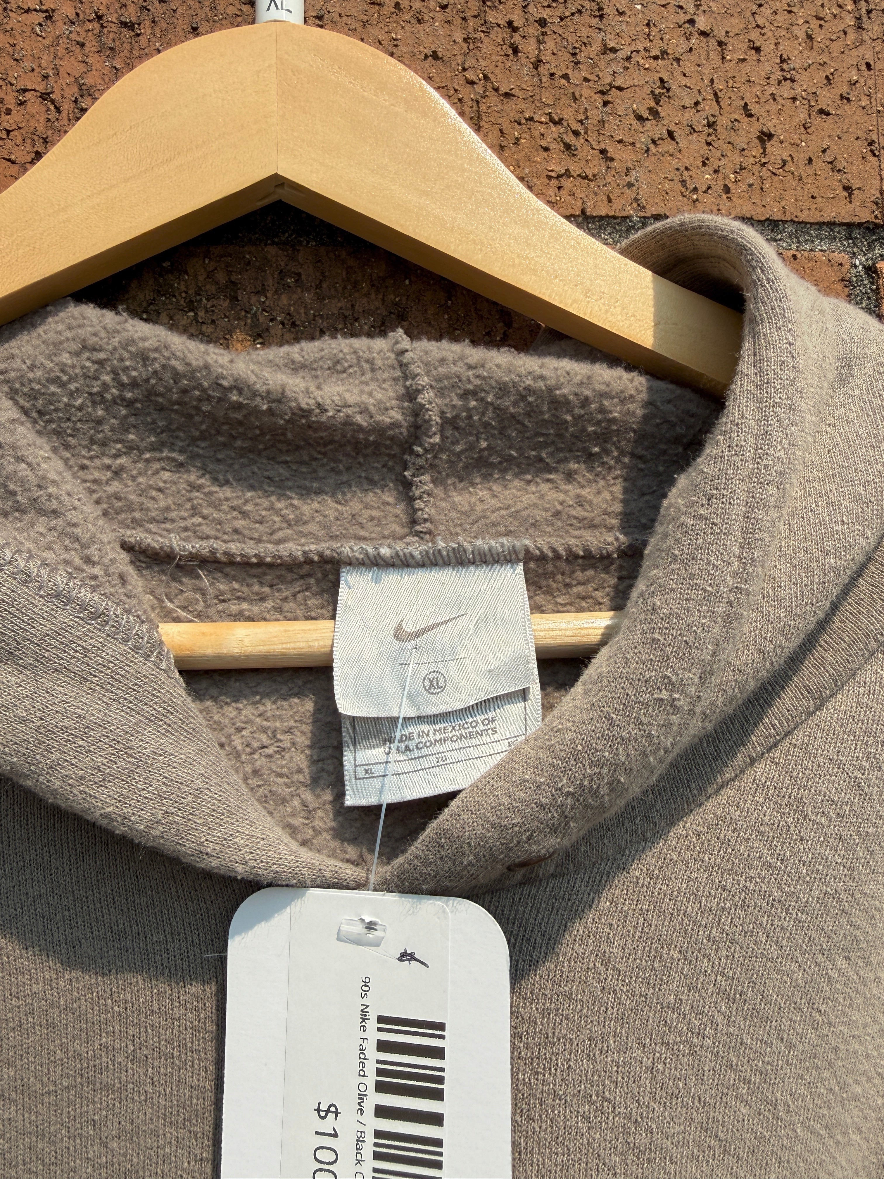 90s Nike Faded Olive / Black Center Swoosh Hoodie Size XL