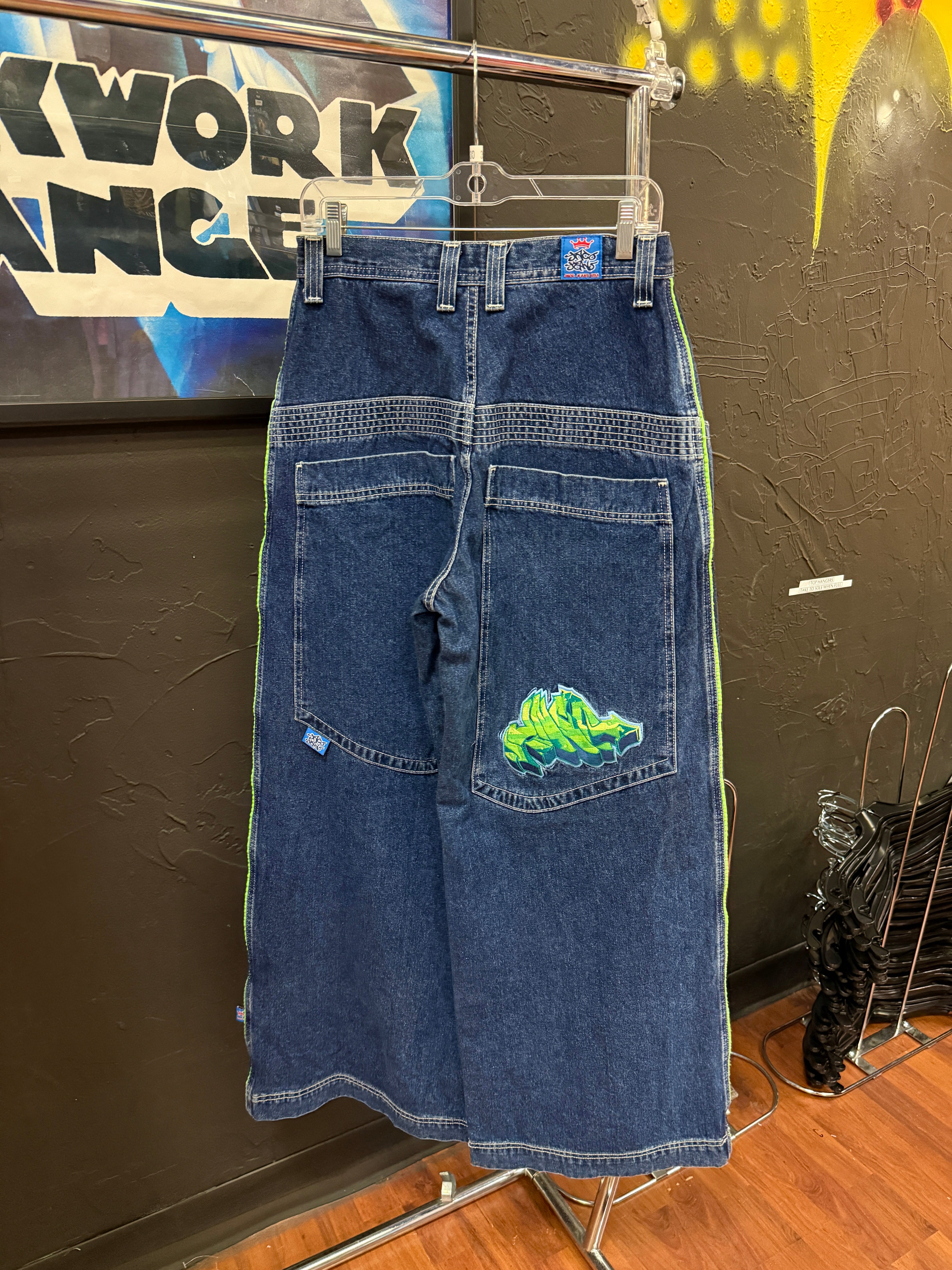 90s JNCO Jeans Westside Lime Green Graffiti Denim Sz 30x30