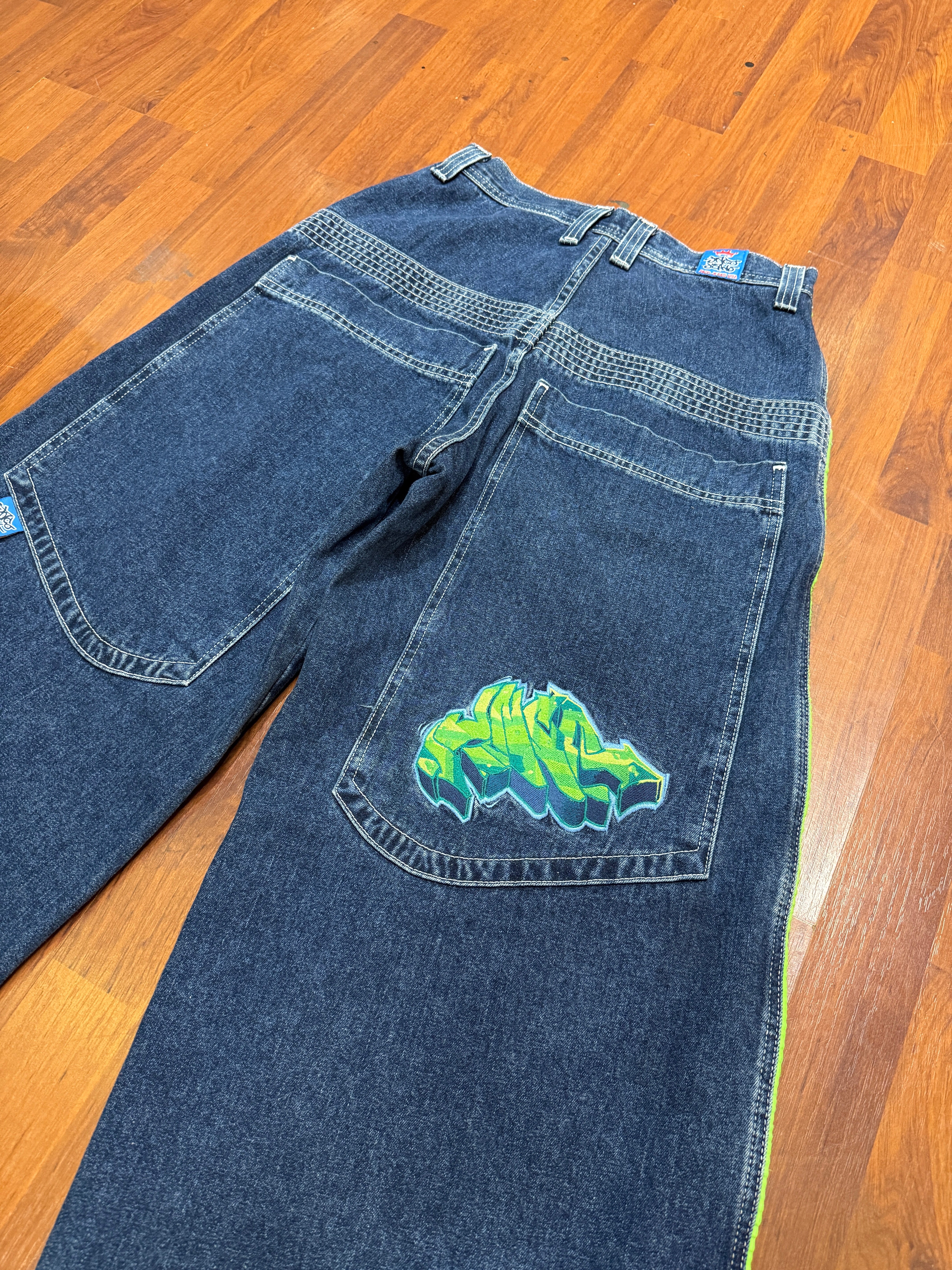 90s JNCO Jeans Westside Lime Green Graffiti Denim Sz 30x30