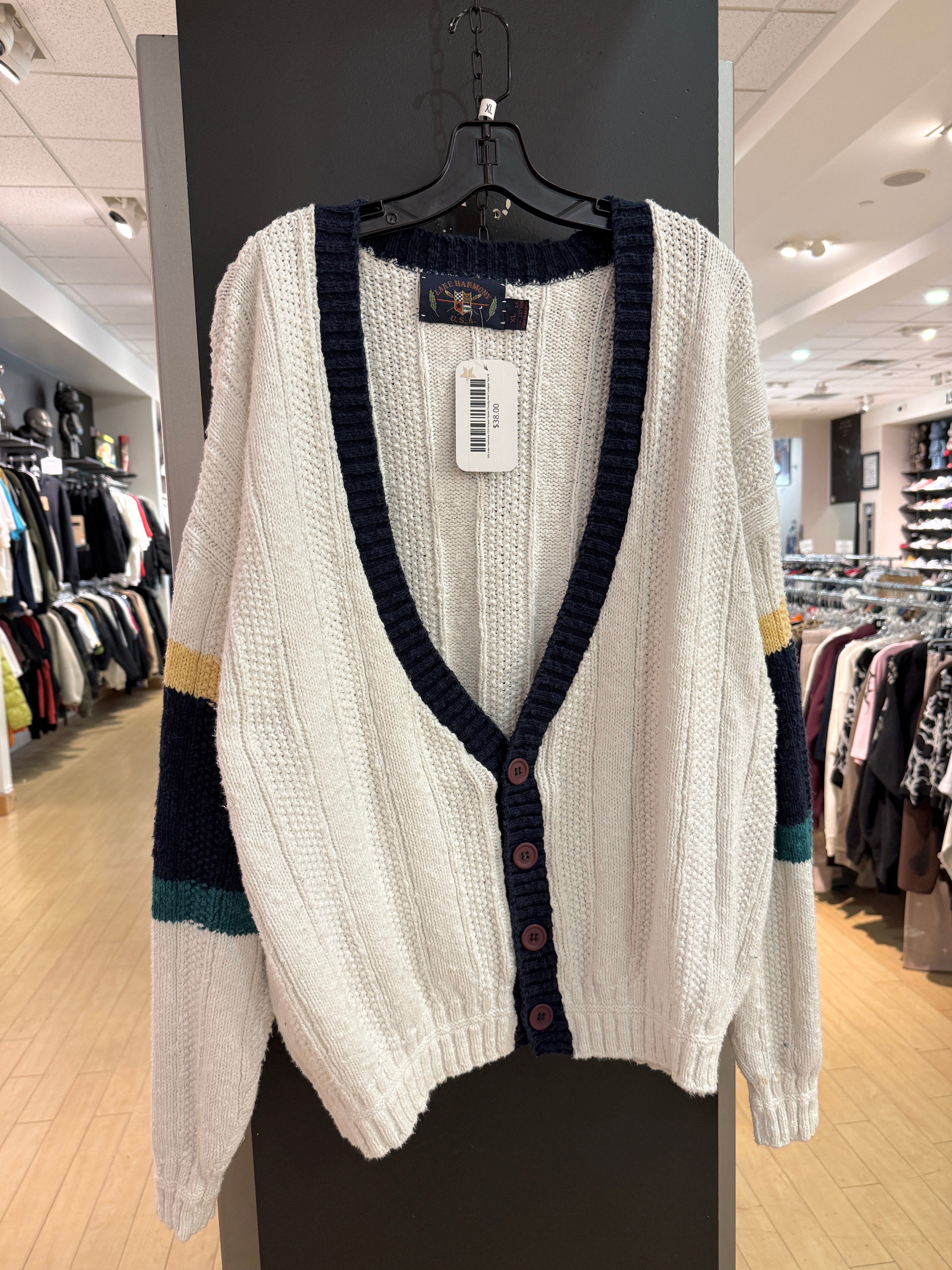 80s Lake Harmony USA Striped Sleeve Chunky Knit Cardigan Size XL