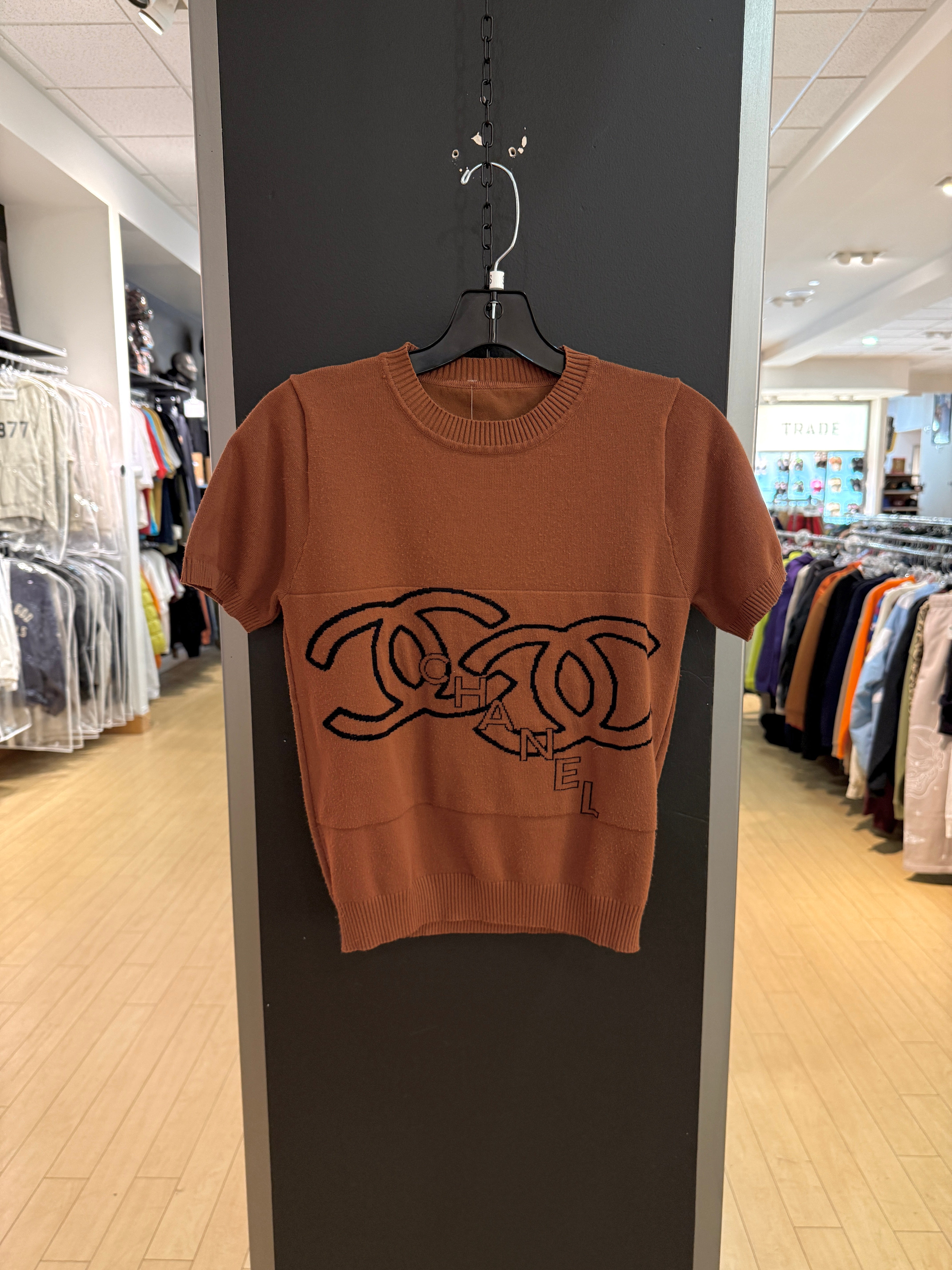 Y2K Chanel Bootleg Camel Brown Short Sleeve Sweater Size Small