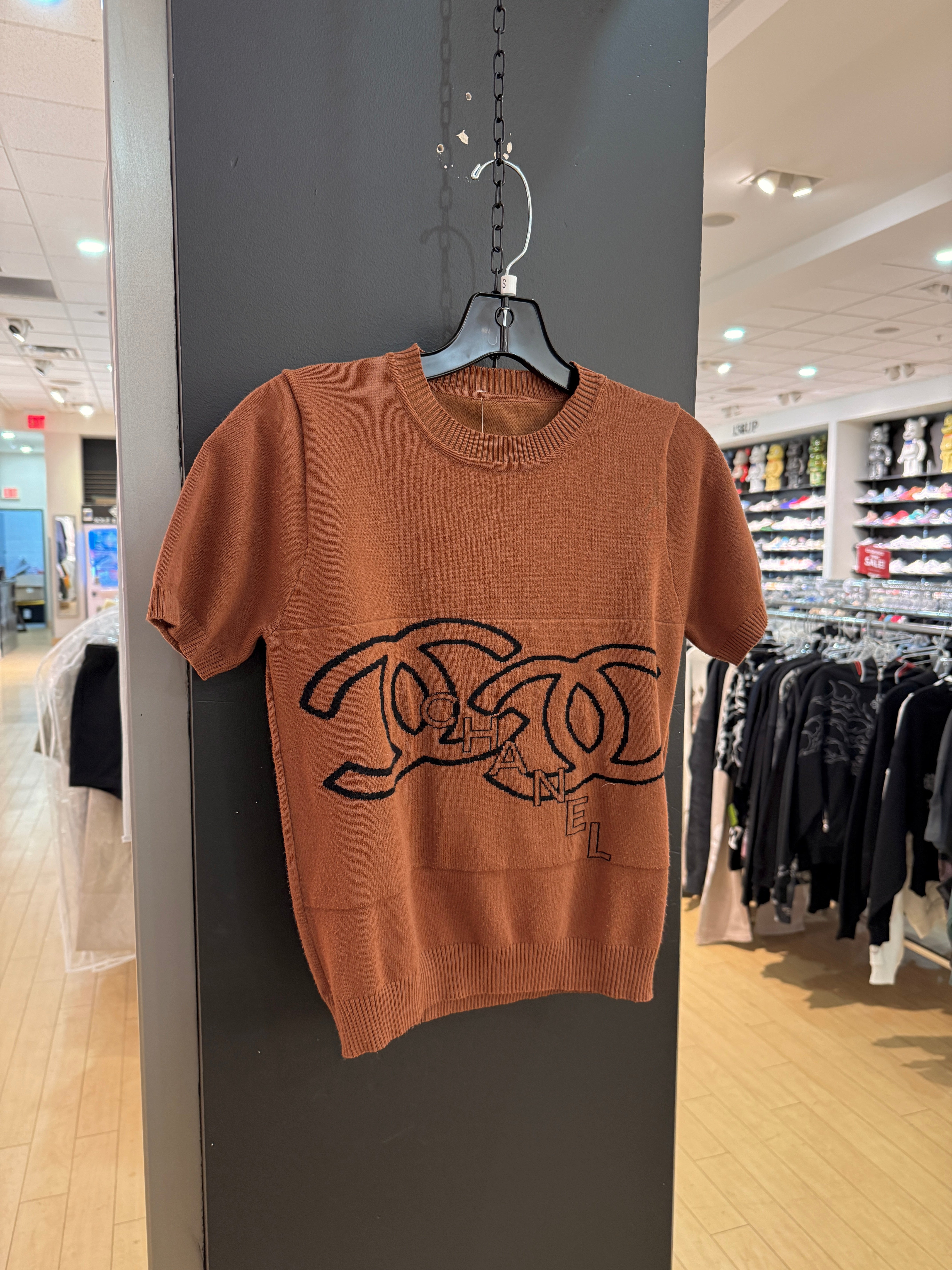 Y2K Chanel Bootleg Camel Brown Short Sleeve Sweater Size Small