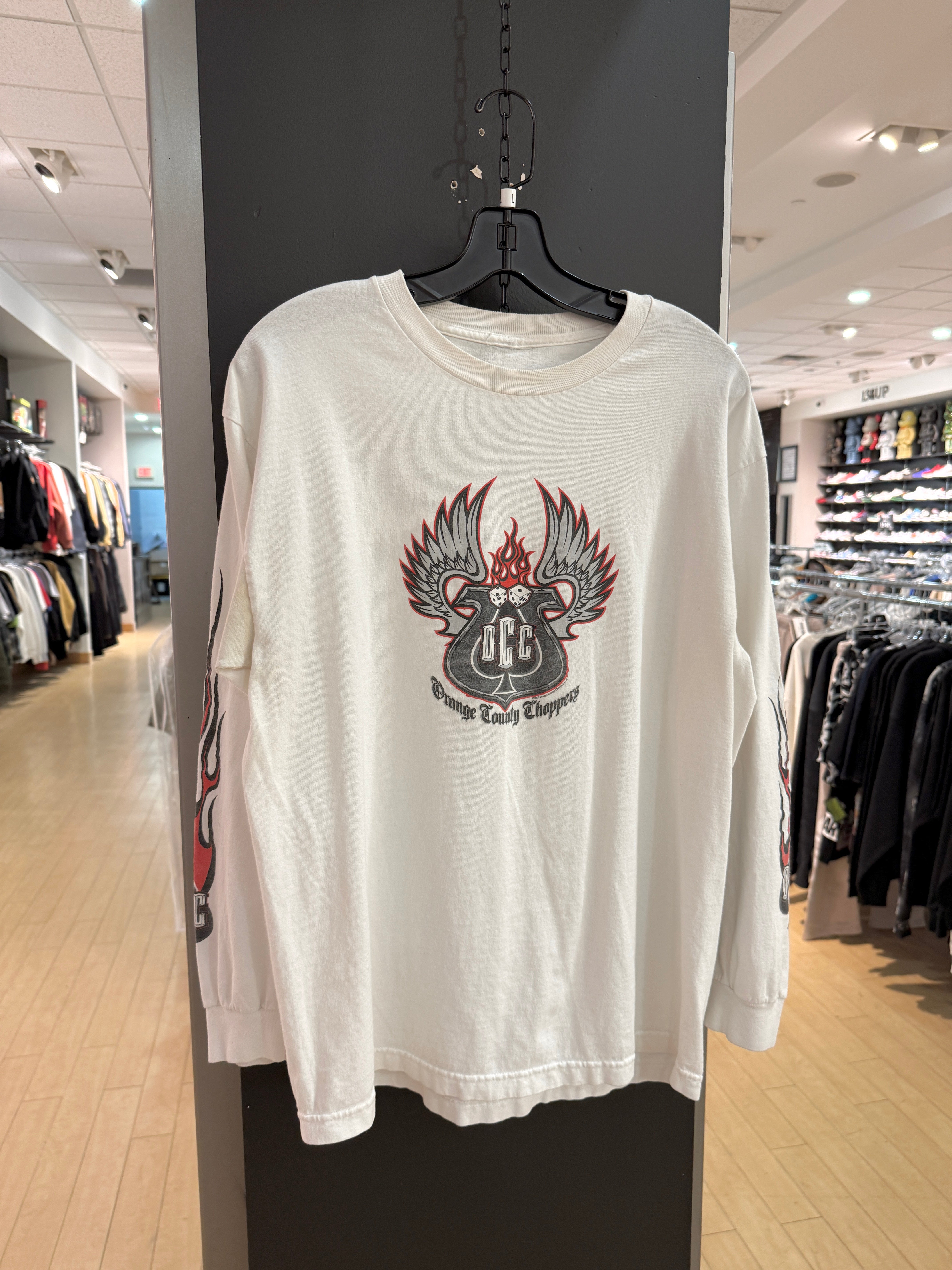 2003 Orange County Choppers White / Red Flame Long Sleeve Tee Size L