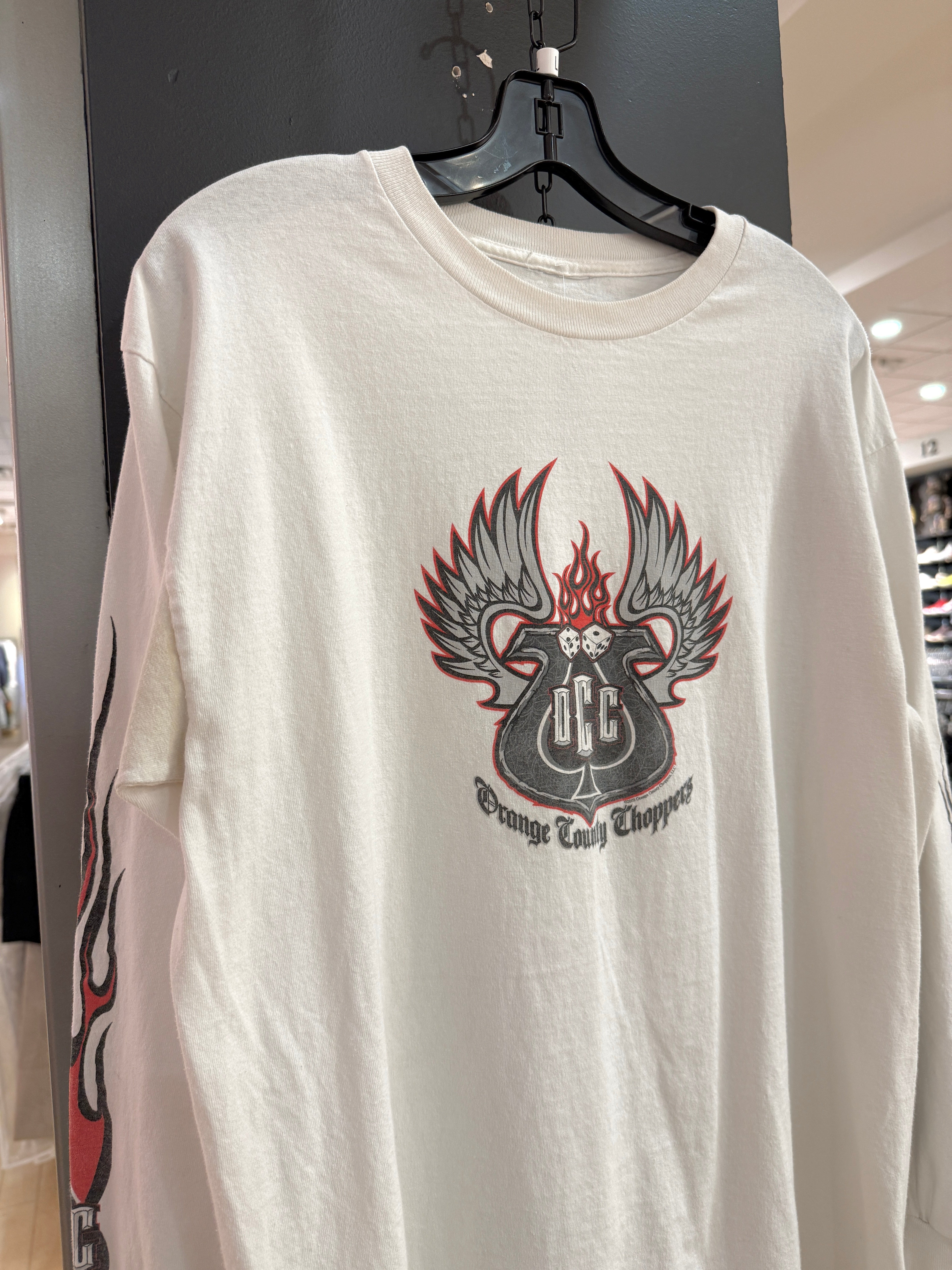 2003 Orange County Choppers White / Red Flame Long Sleeve Tee Size L