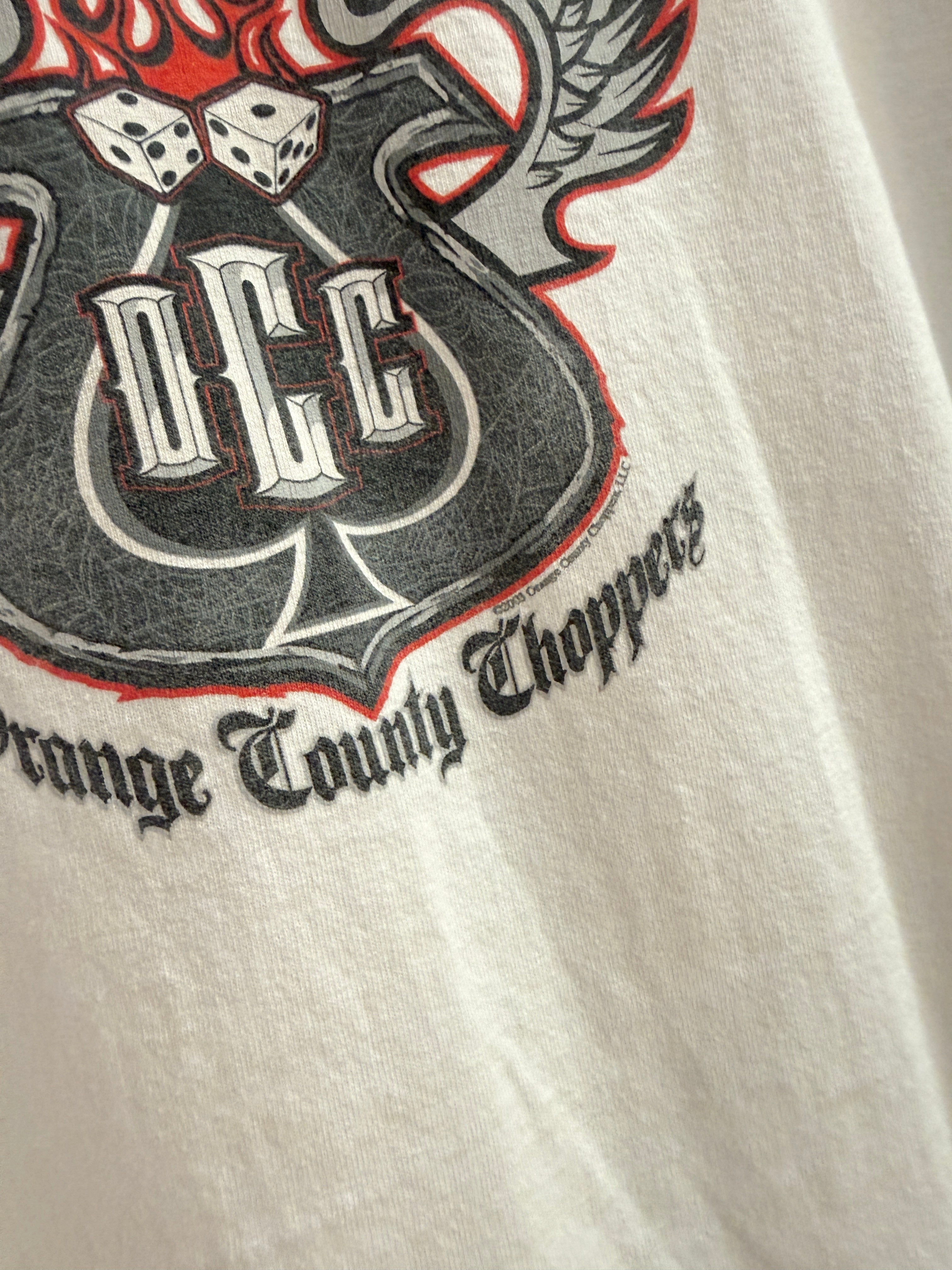 2003 Orange County Choppers White / Red Flame Long Sleeve Tee Size L